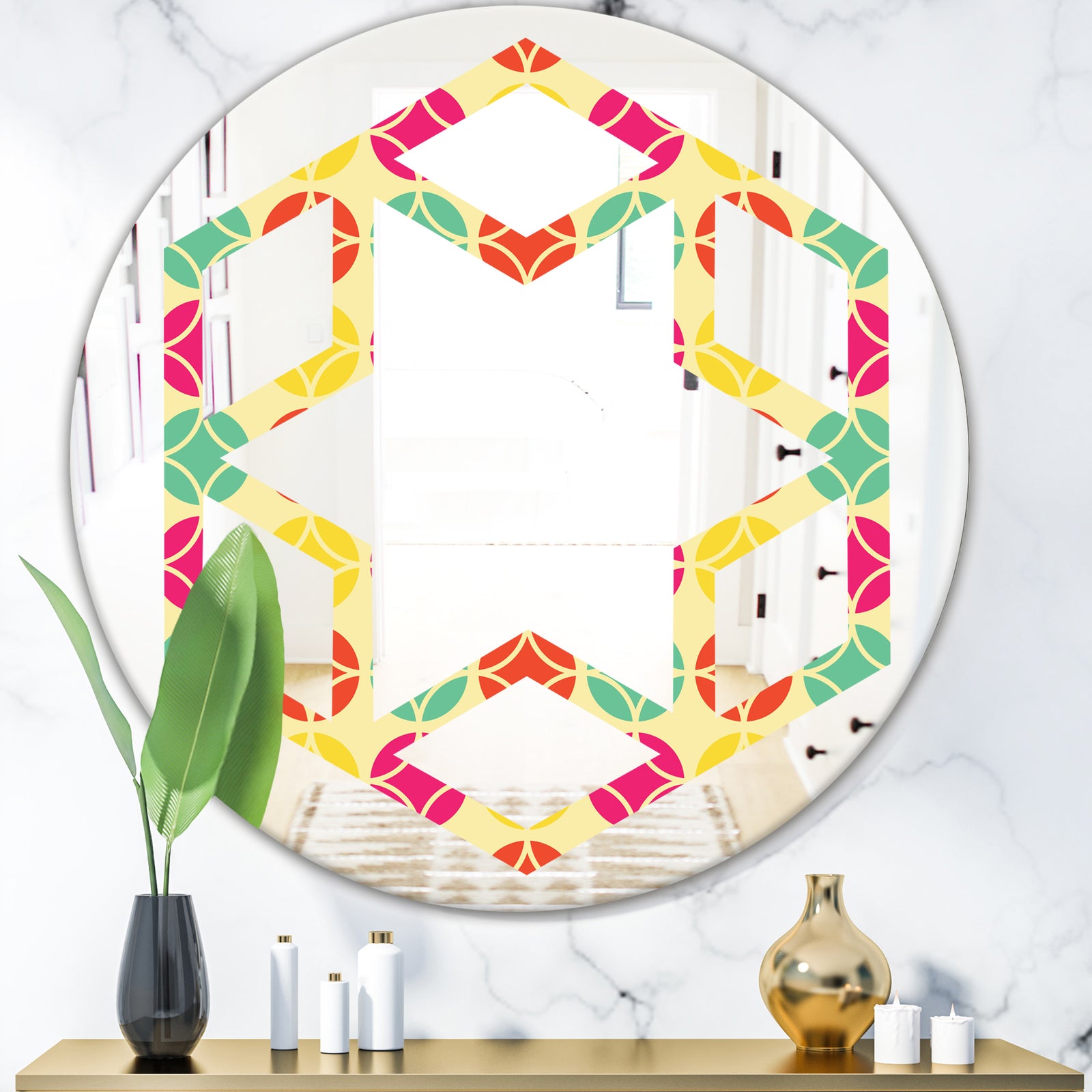 Retro Circular Pattern VII - Modern Round or Oval Wall Mirror - Hexagon Star