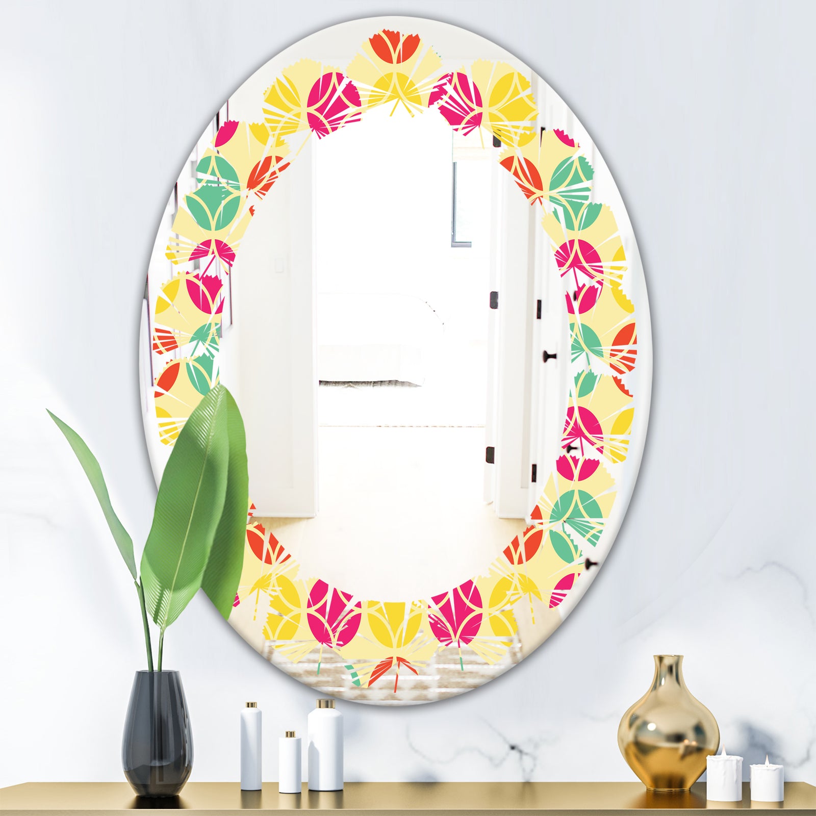 Retro Circular Pattern VII - Modern Round or Oval Wall Mirror - Leaves