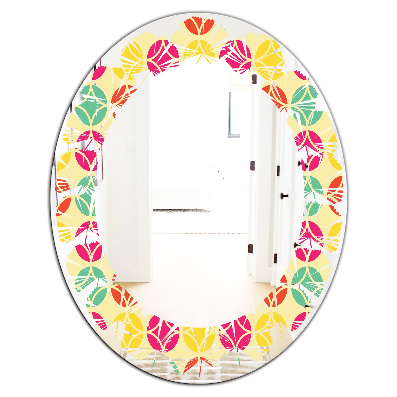 Retro Circular Pattern VII - Modern Round or Oval Wall Mirror - Leaves