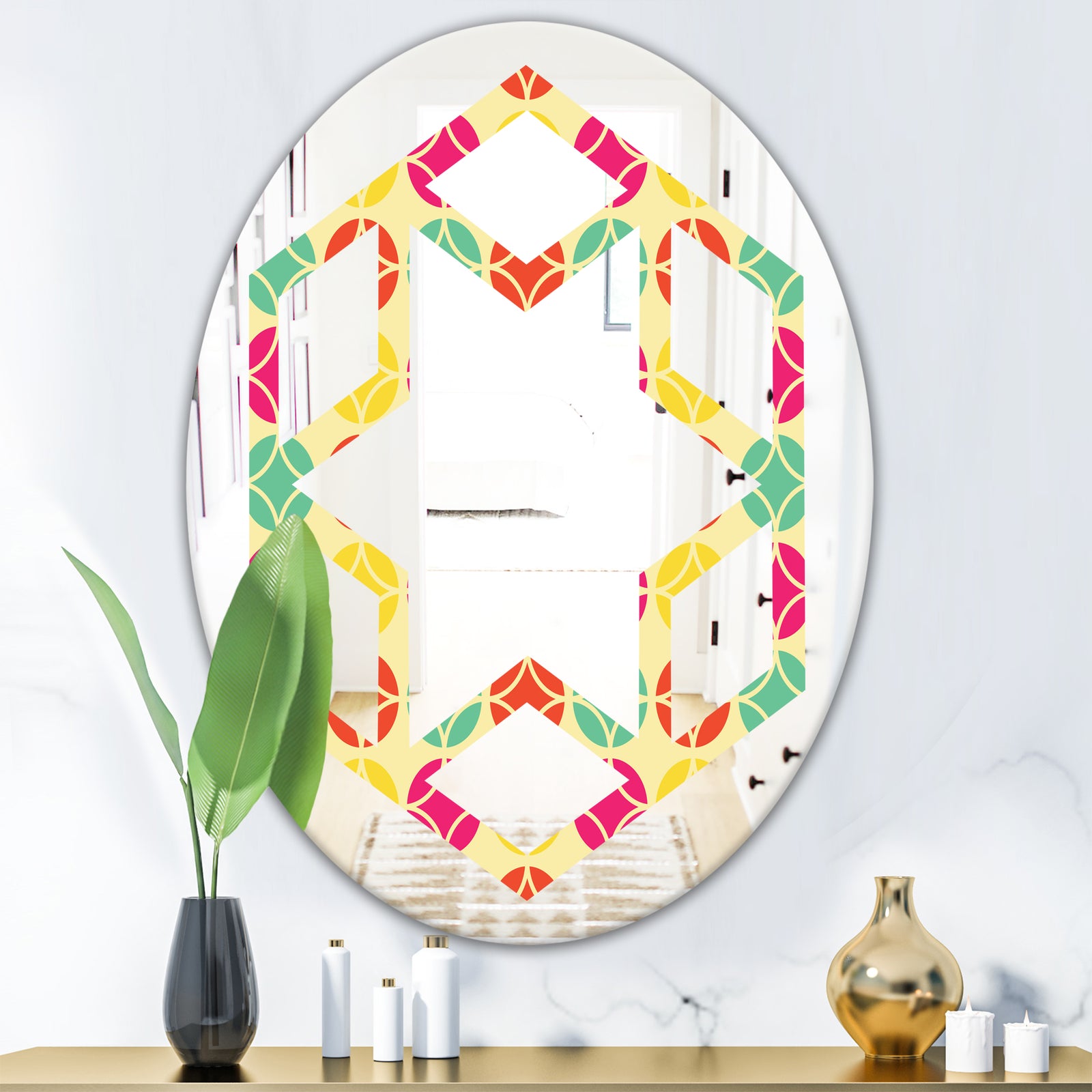 Retro Circular Pattern VII - Modern Round or Oval Wall Mirror - Hexagon Star