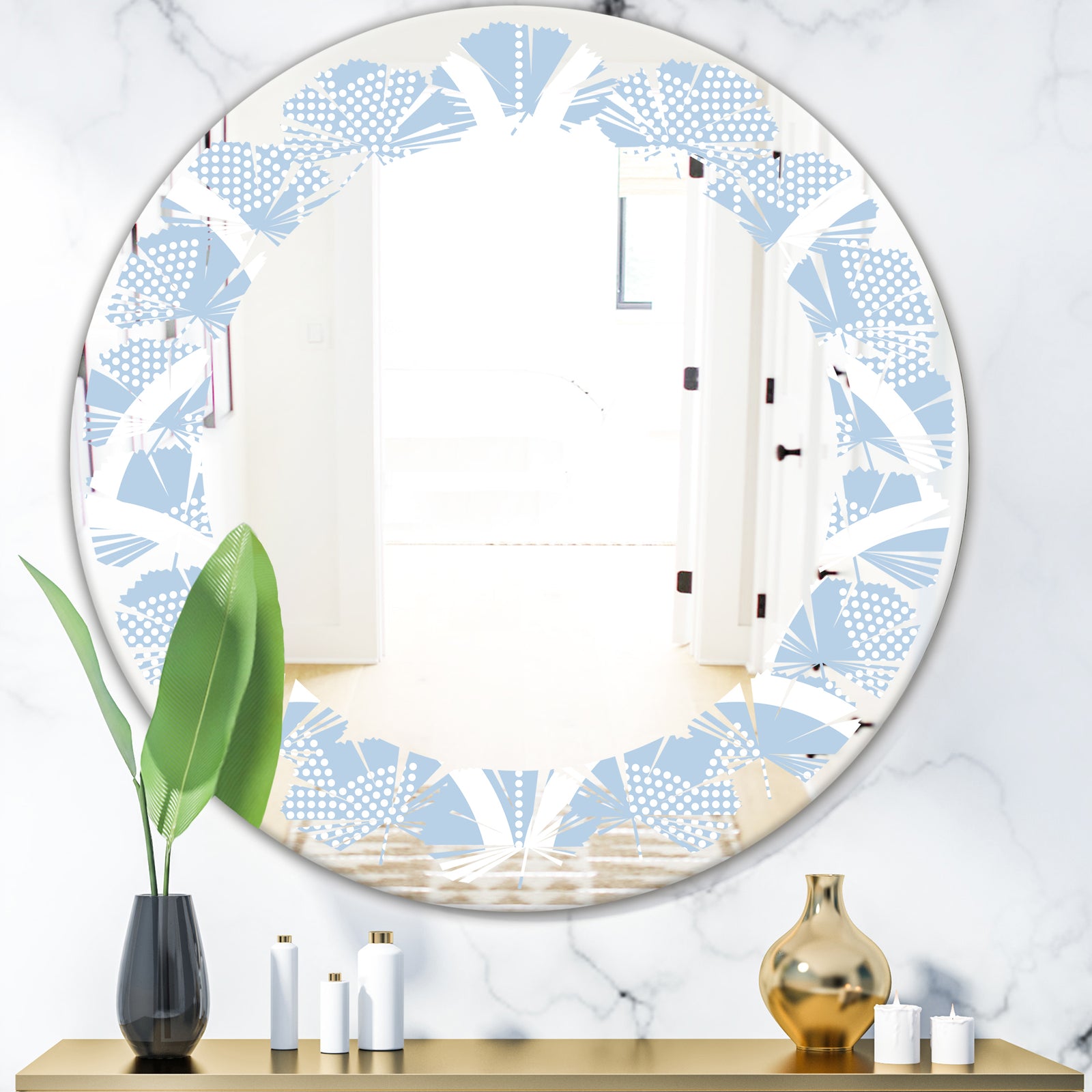 Japanese style Half - Modern Round or Oval Wall Mirror - Leaves