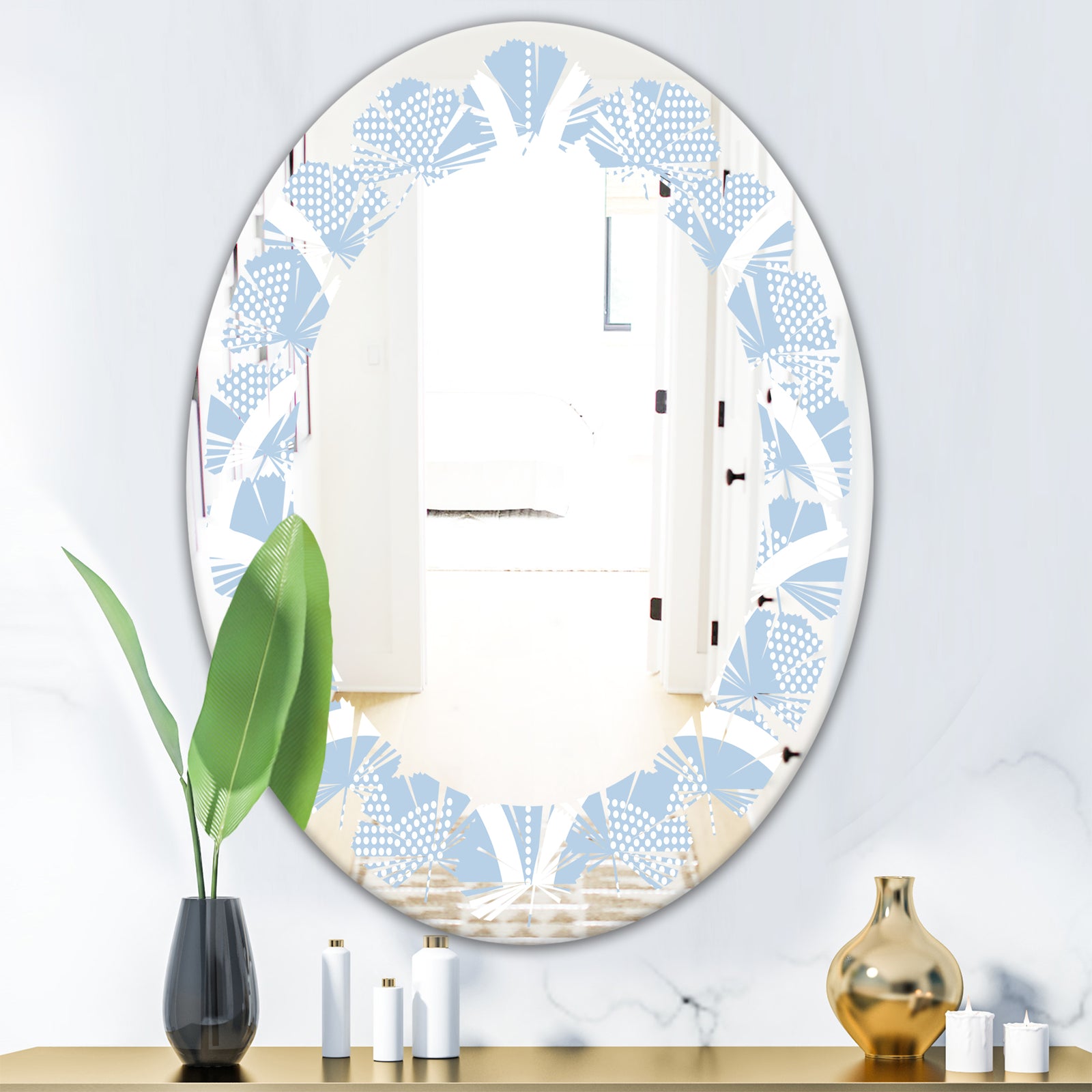 Japanese style Half - Modern Round or Oval Wall Mirror - Leaves