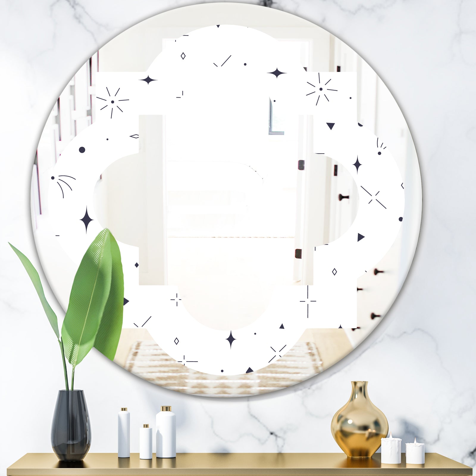 Golden Geometrical Diamond Pattern III - Modern Round or Oval Wall Mirror - Quatrefoil
