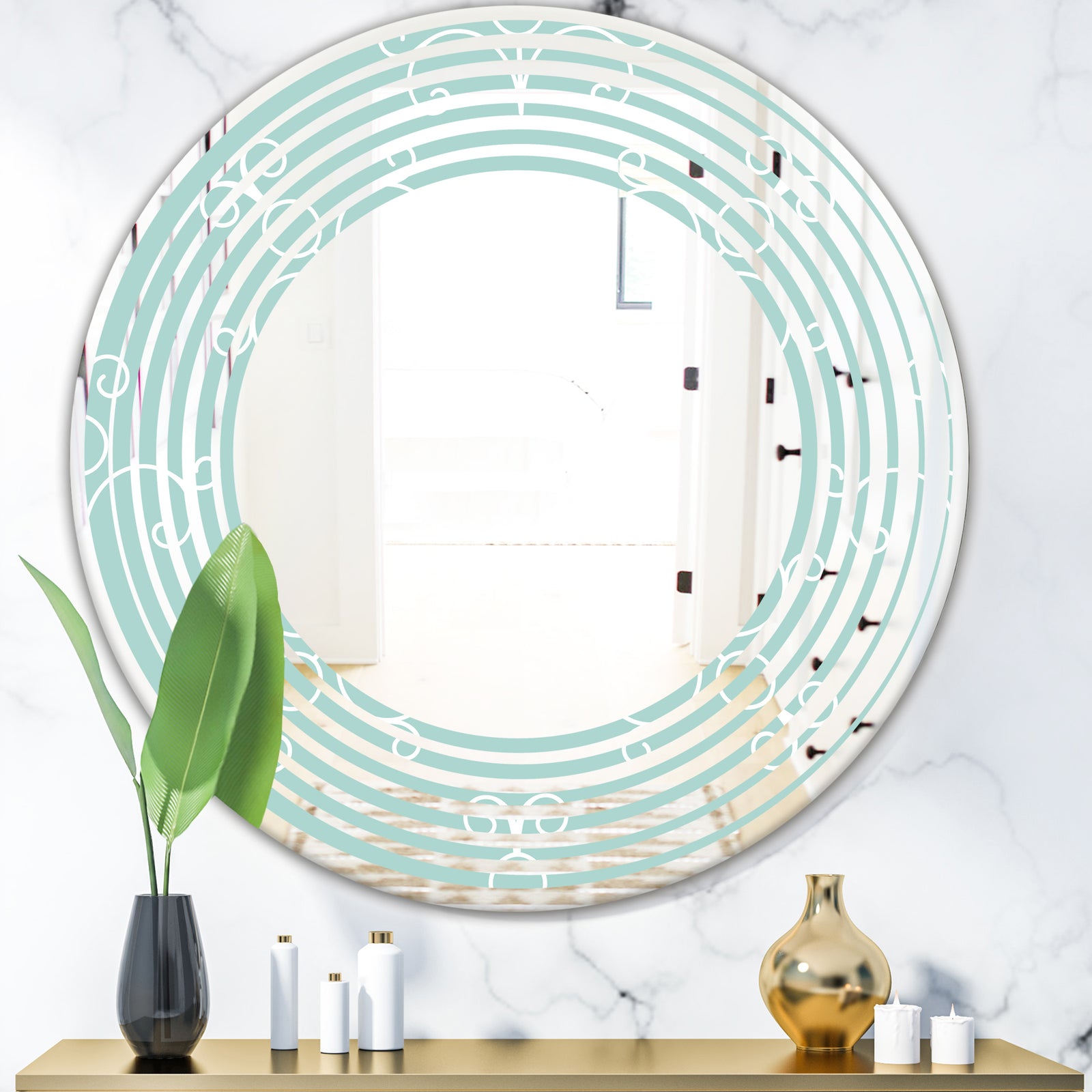 Turquoise Minimal Ornament - Modern Round or Oval Wall Mirror - Wave