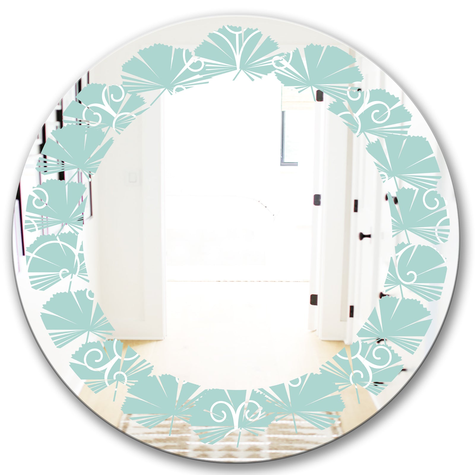 Turquoise Minimal Ornament - Modern Round or Oval Wall Mirror - Leaves