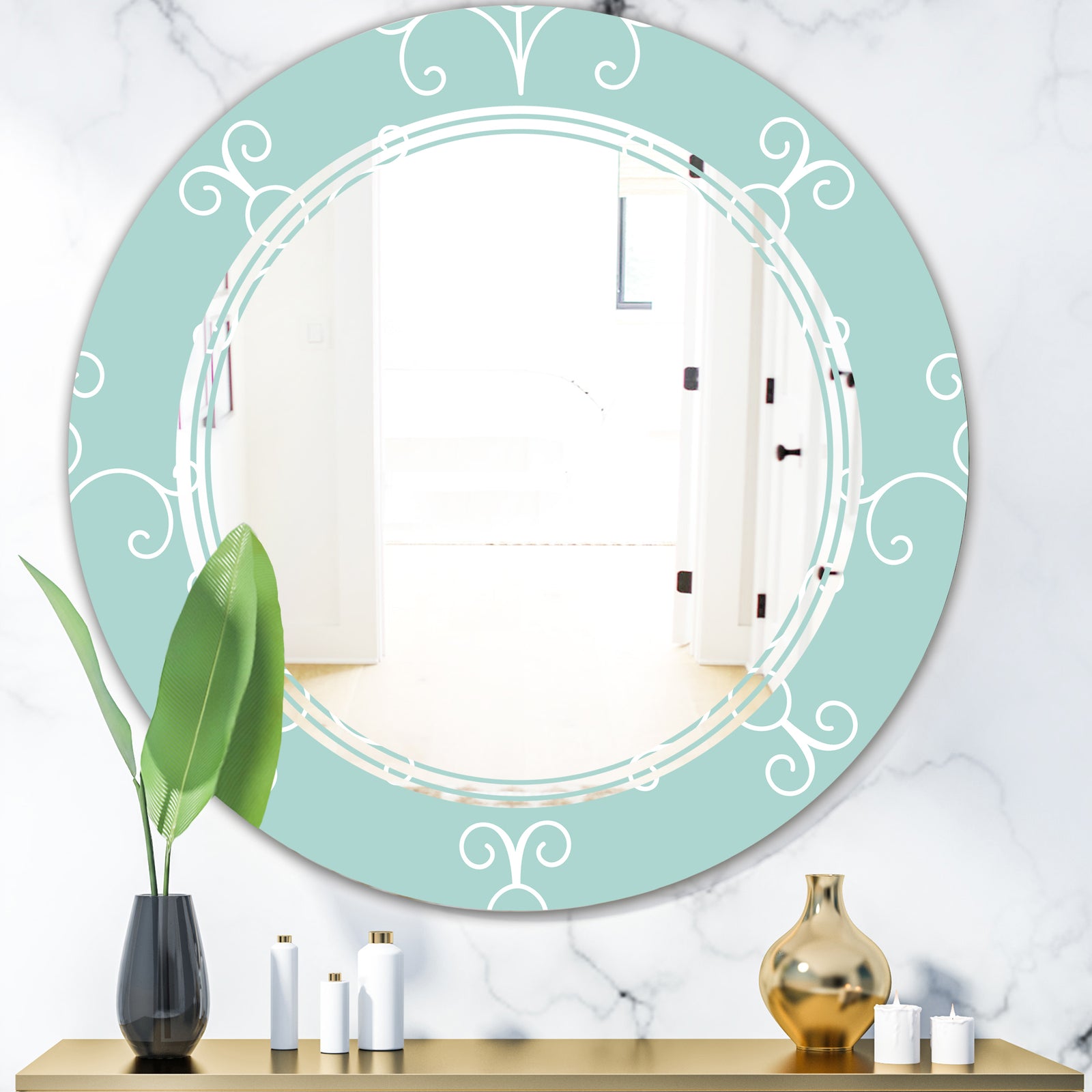Turquoise Minimal Ornament - Modern Round or Oval Wall Mirror - Triple C
