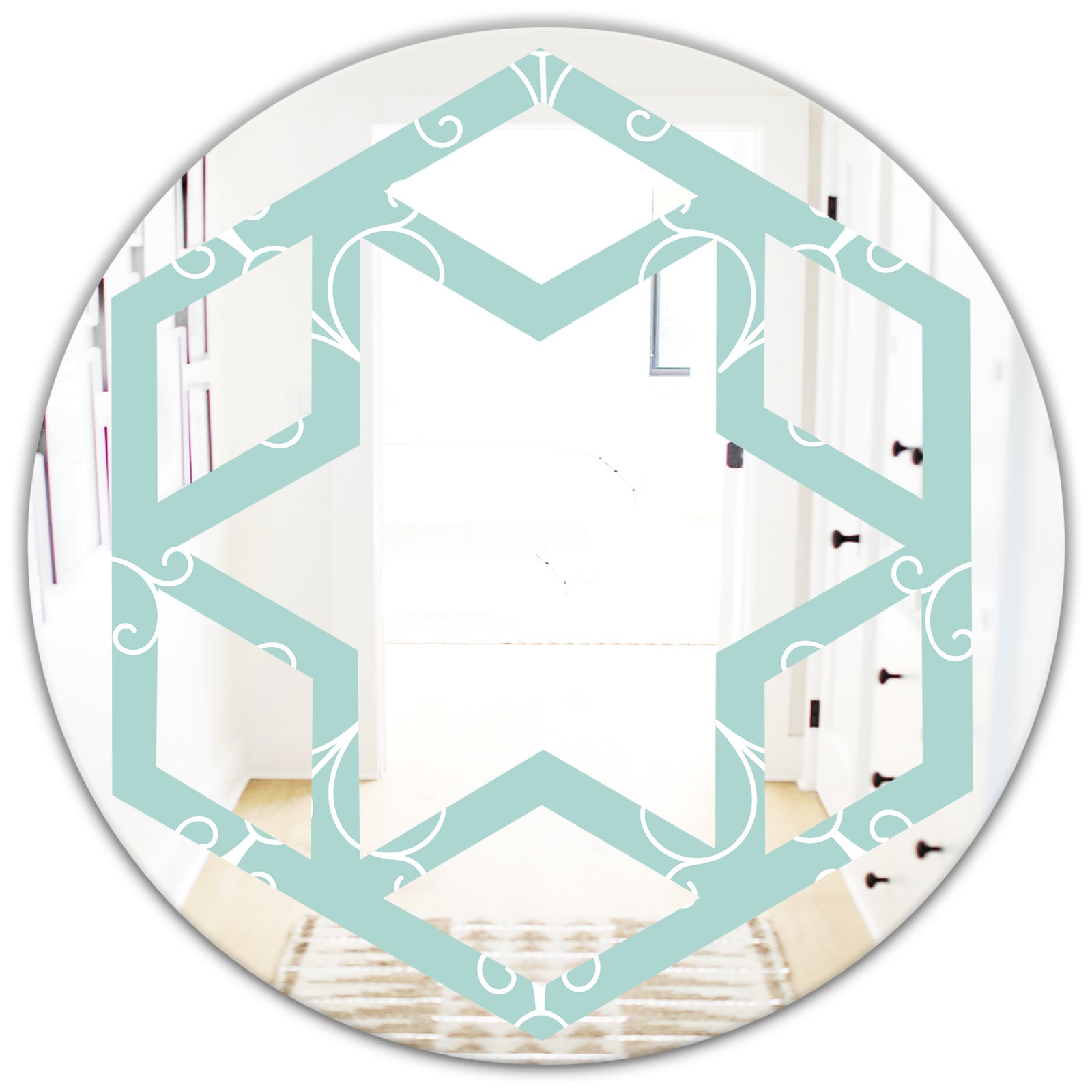Turquoise Minimal Ornament - Modern Round or Oval Wall Mirror - Hexagon Star