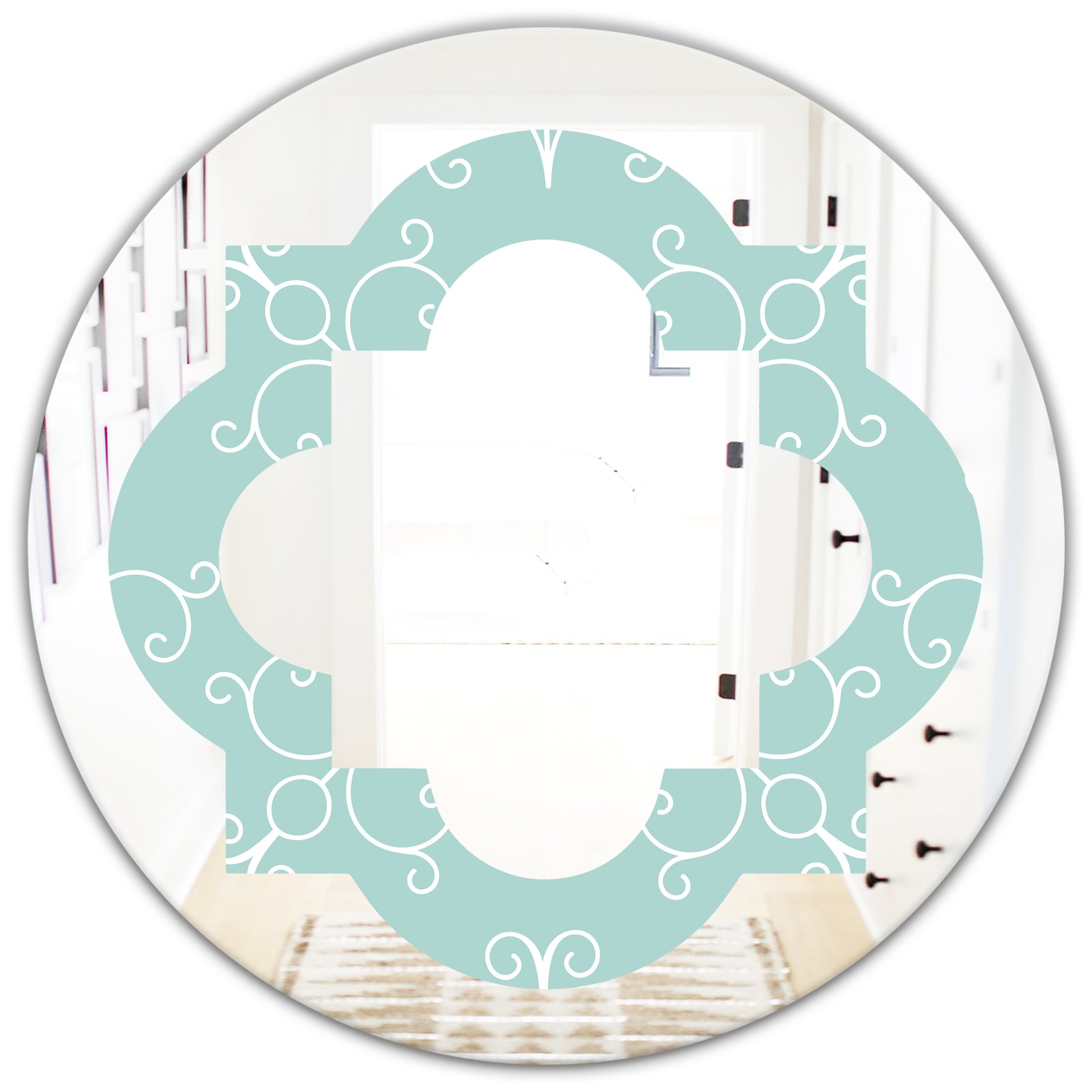 Turquoise Minimal Ornament - Modern Round or Oval Wall Mirror - Quatrefoil