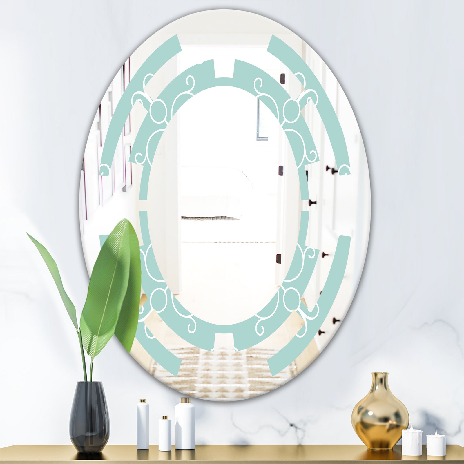 Turquoise Minimal Ornament - Modern Round or Oval Wall Mirror - Space