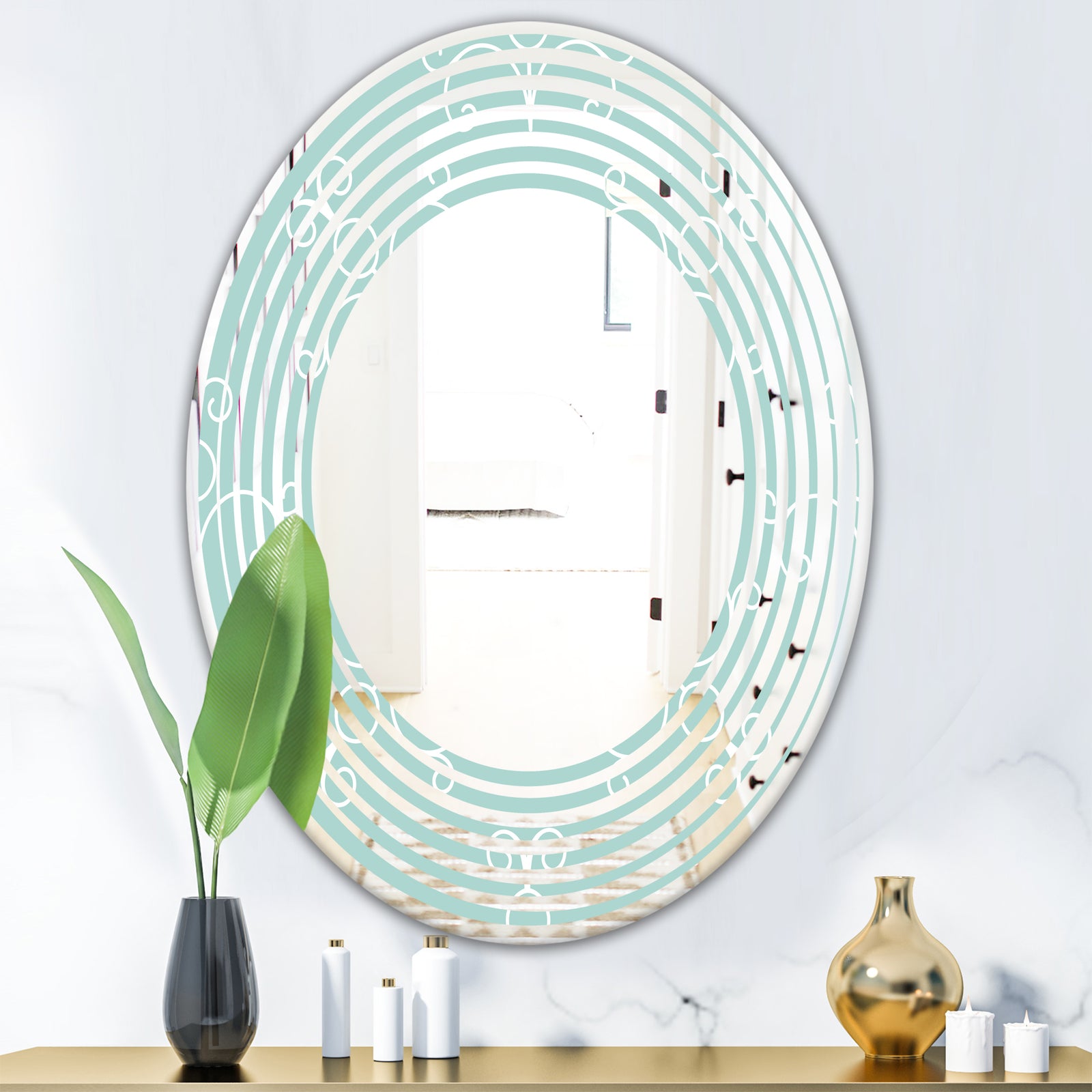 Turquoise Minimal Ornament - Modern Round or Oval Wall Mirror - Wave