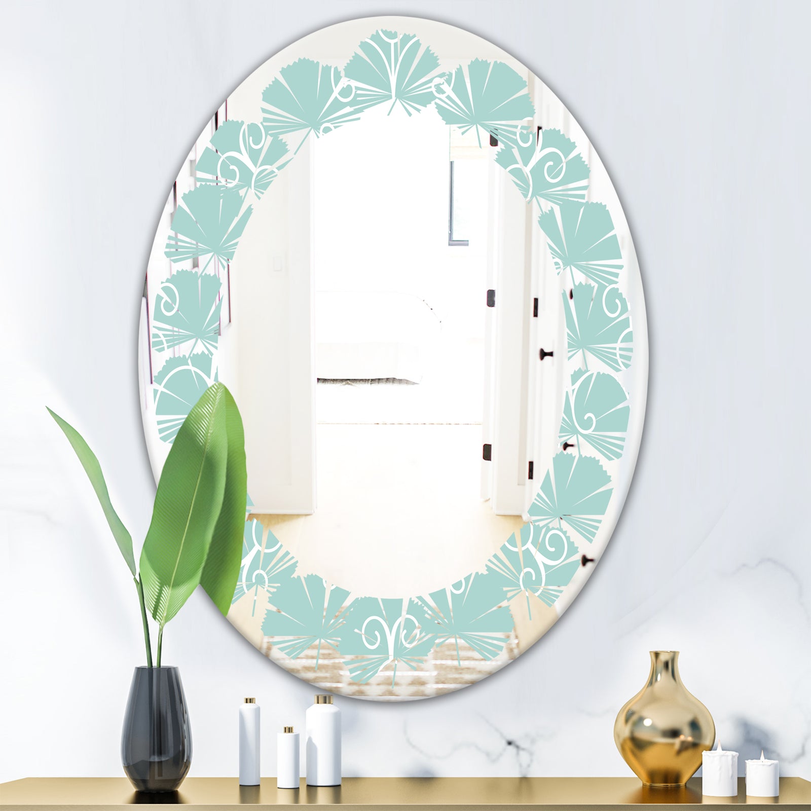 Turquoise Minimal Ornament - Modern Round or Oval Wall Mirror - Leaves