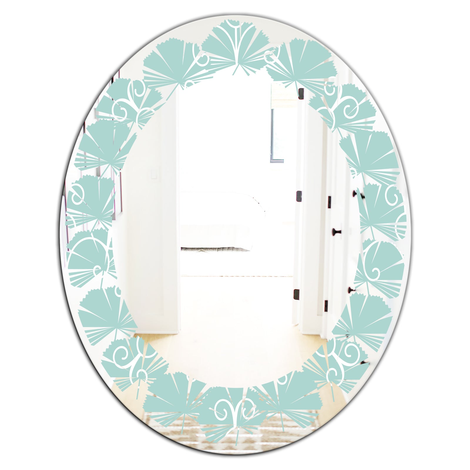 Turquoise Minimal Ornament - Modern Round or Oval Wall Mirror - Leaves