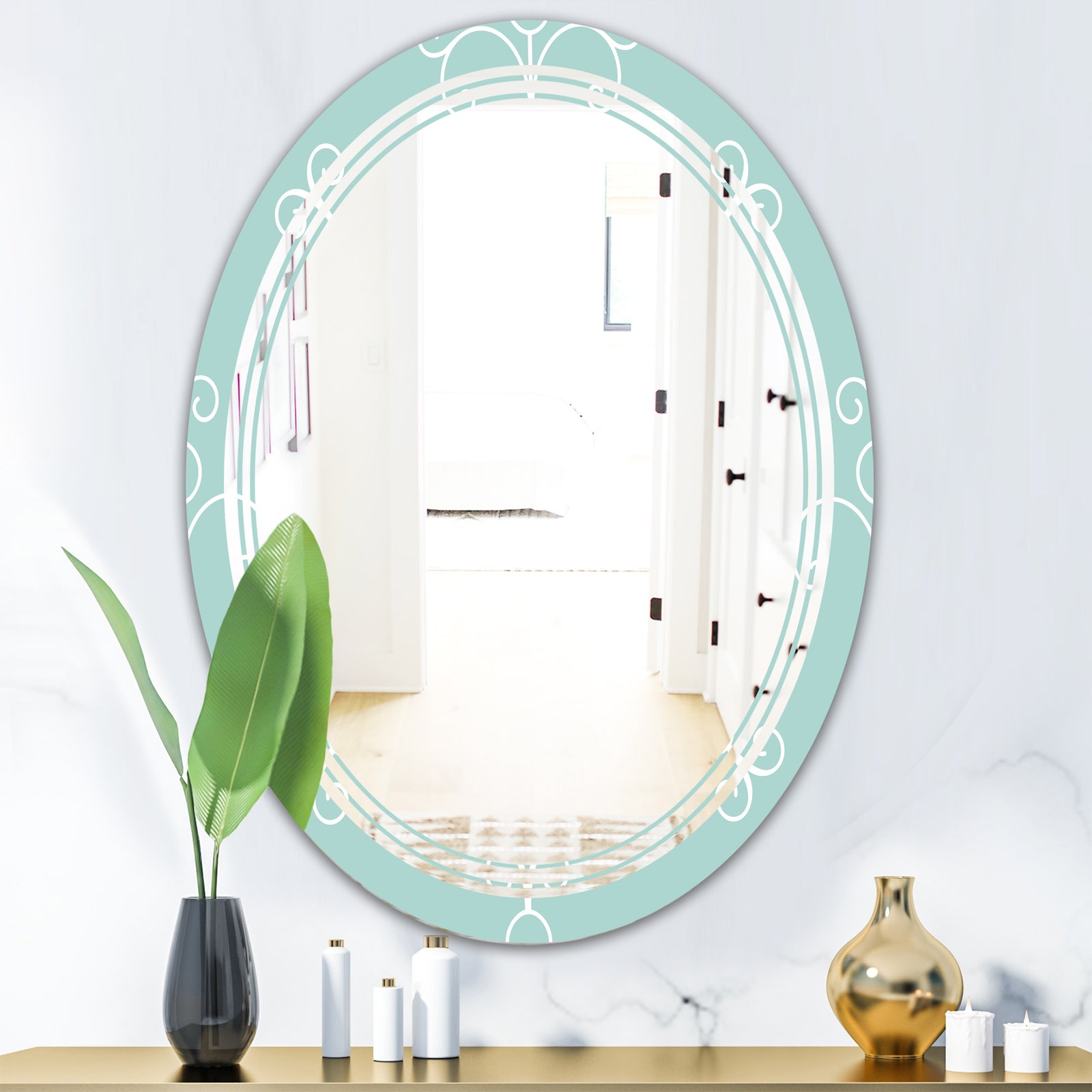 Turquoise Minimal Ornament - Modern Round or Oval Wall Mirror - Triple C
