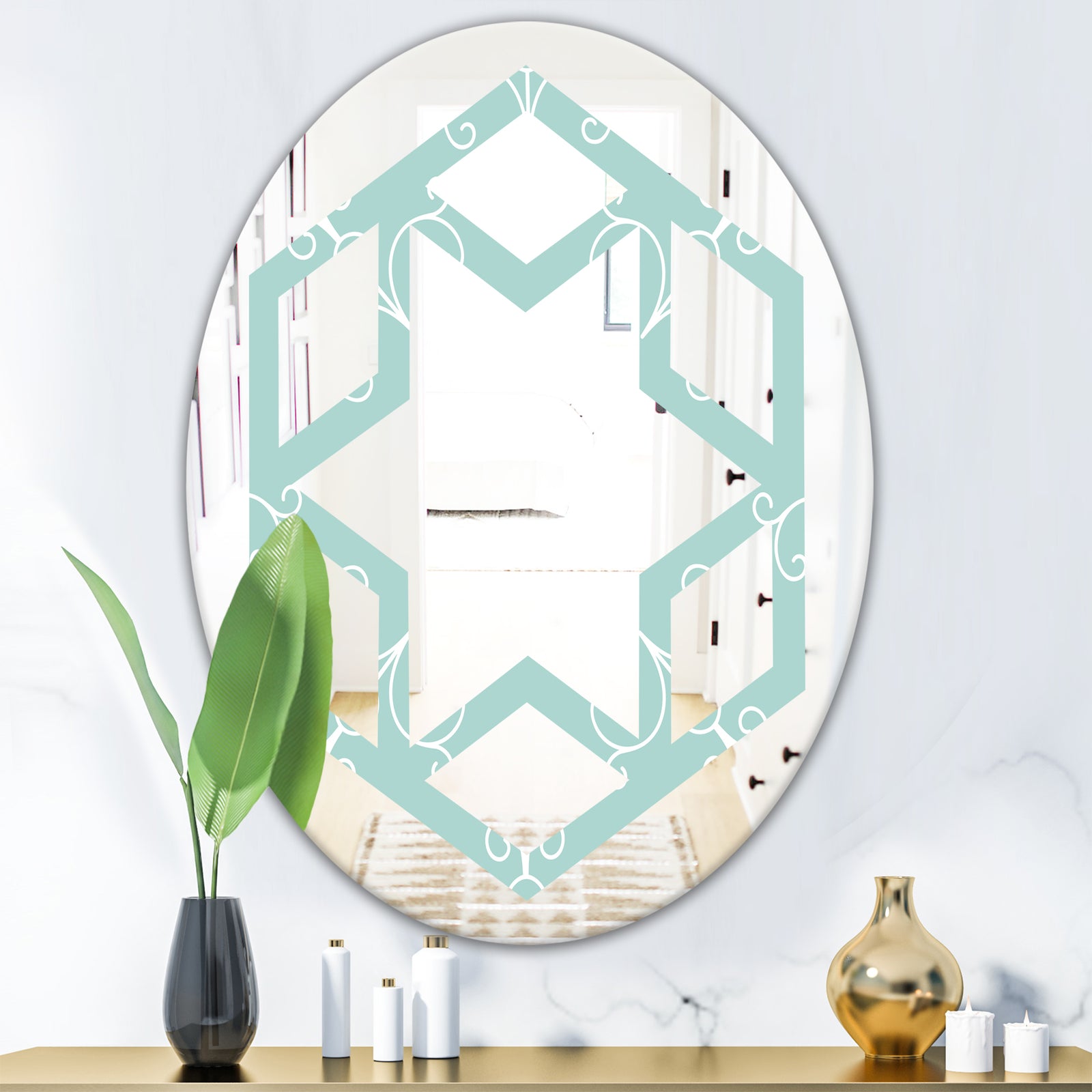 Turquoise Minimal Ornament - Modern Round or Oval Wall Mirror - Hexagon Star