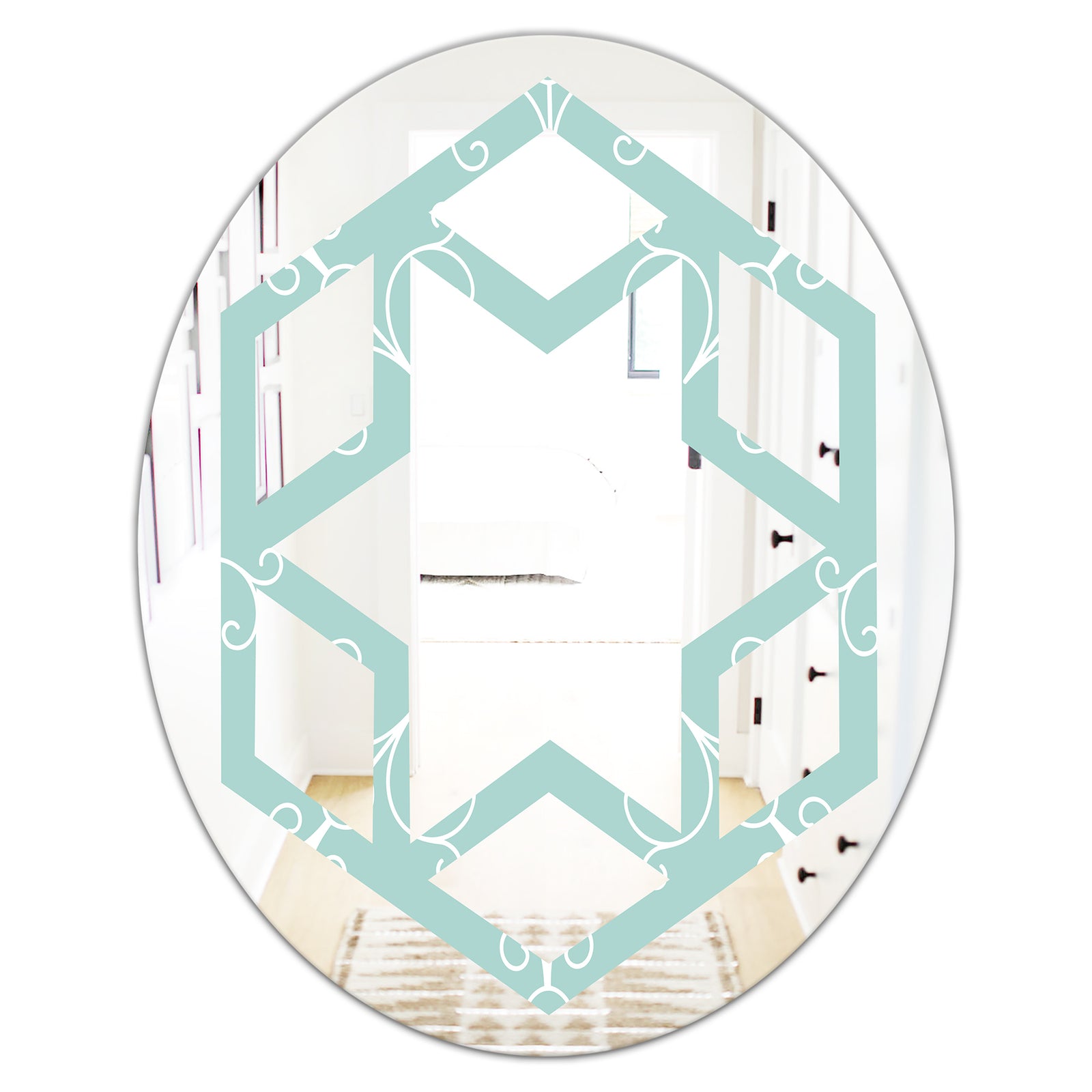 Turquoise Minimal Ornament - Modern Round or Oval Wall Mirror - Hexagon Star