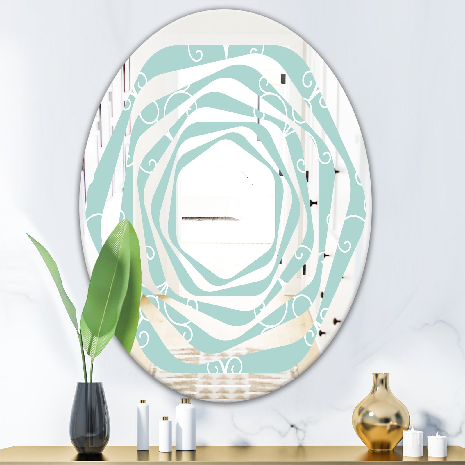 Turquoise Minimal Ornament - Modern Round or Oval Wall Mirror - Whirl