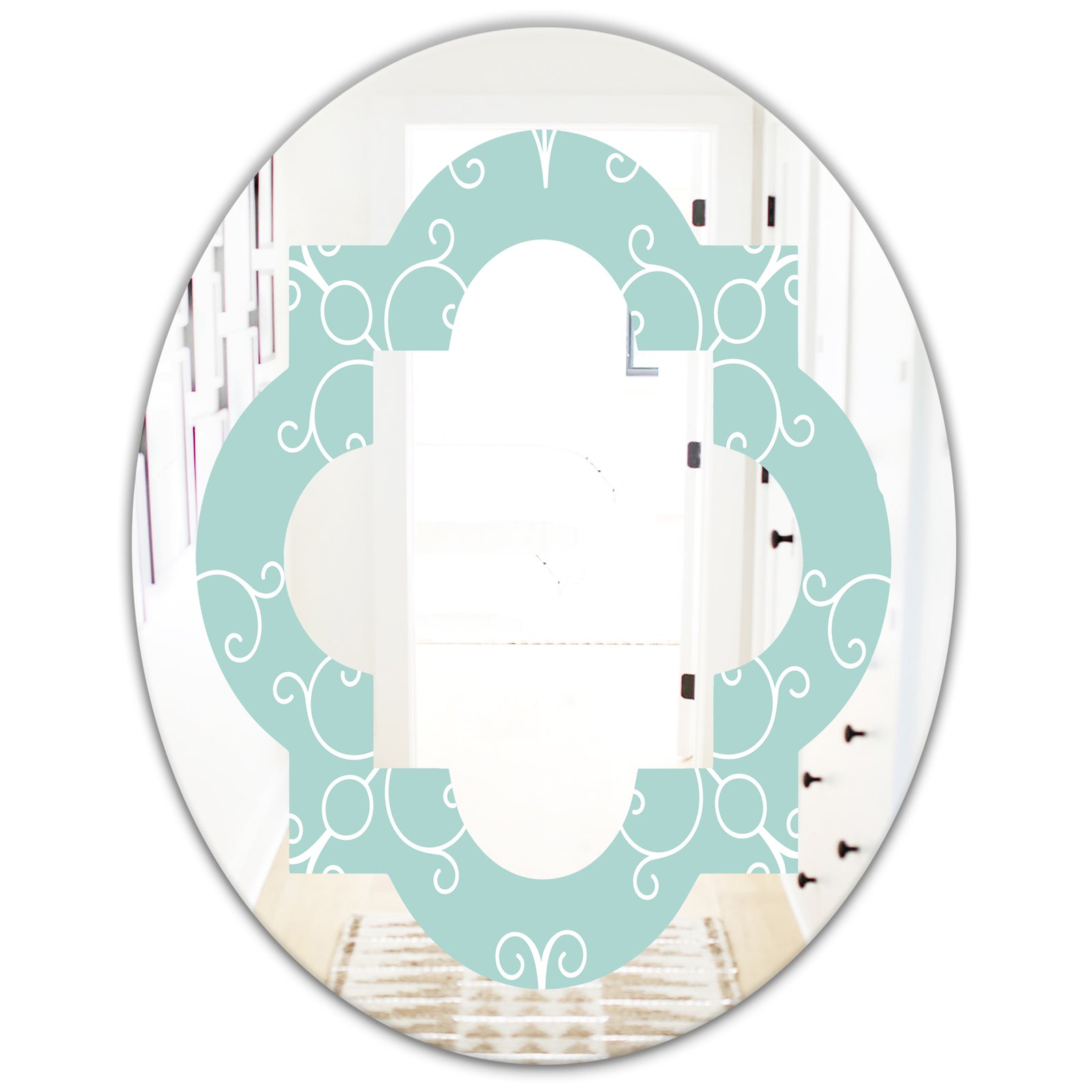 Turquoise Minimal Ornament - Modern Round or Oval Wall Mirror - Quatrefoil