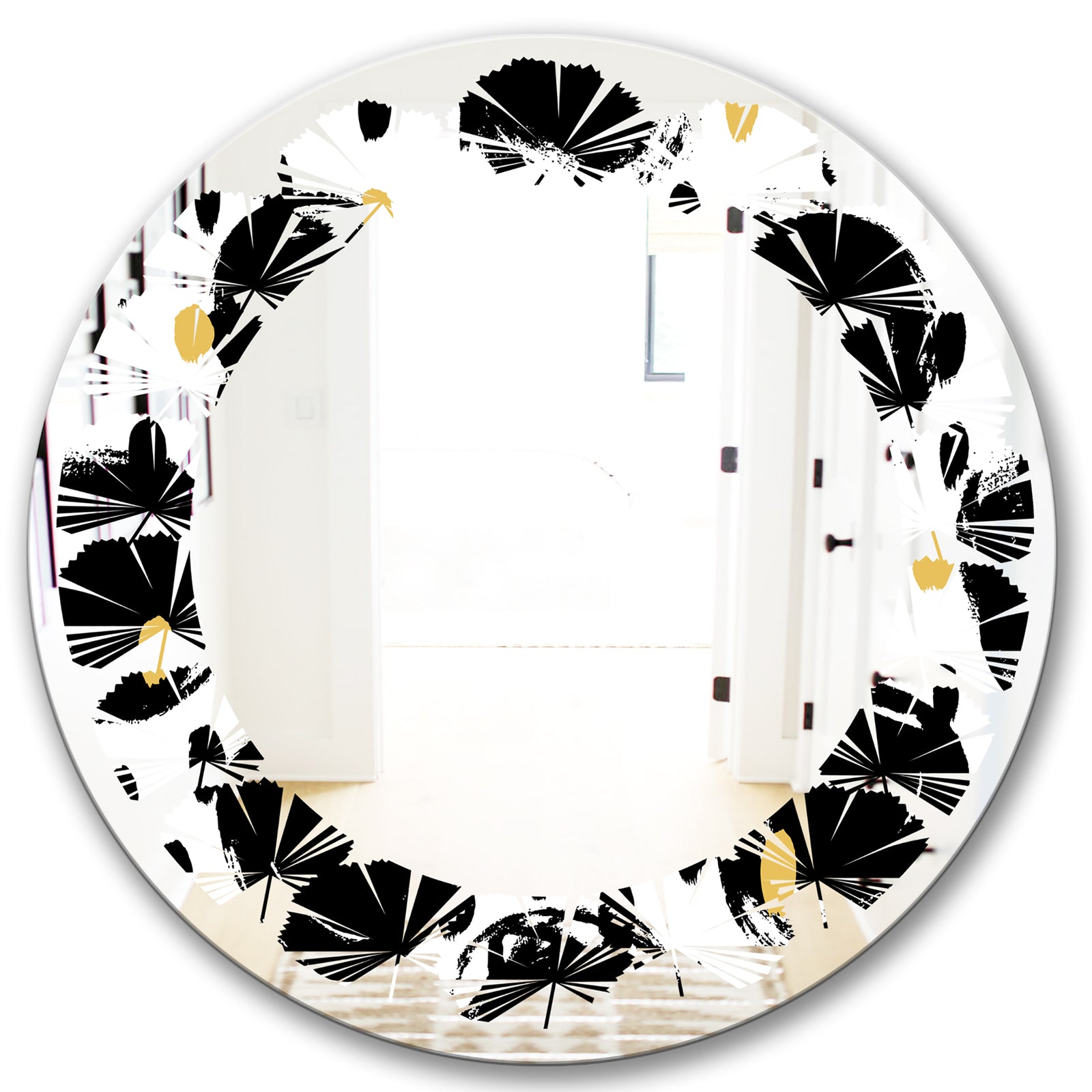 Monochrome Geometric Pattern V - Modern Round or Oval Wall Mirror - Leaves