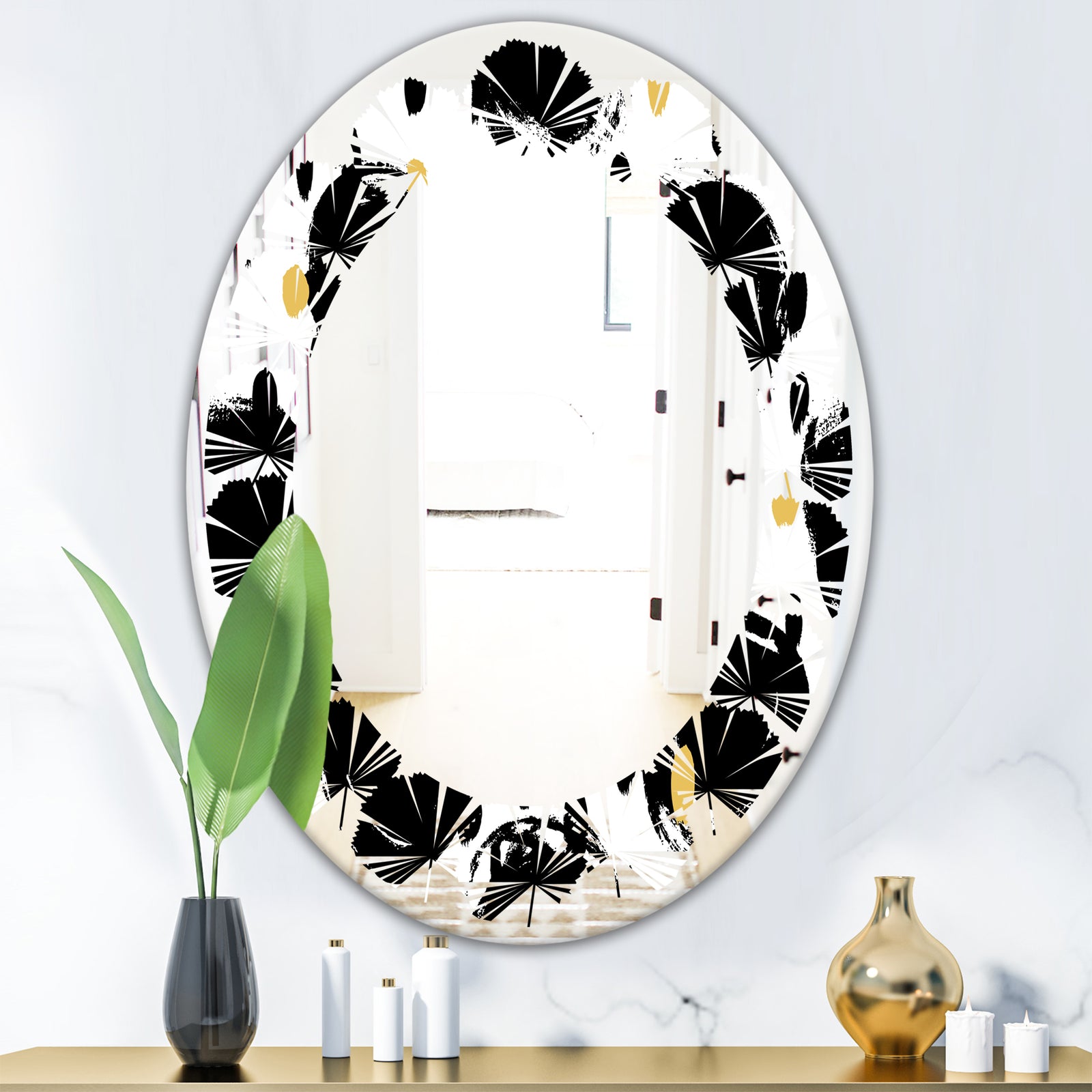 Monochrome Geometric Pattern V - Modern Round or Oval Wall Mirror - Leaves
