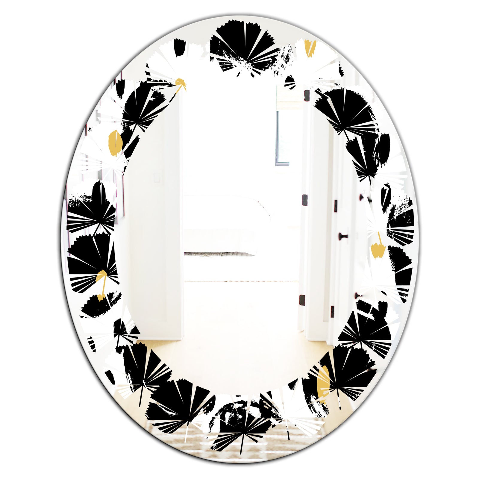 Monochrome Geometric Pattern V - Modern Round or Oval Wall Mirror - Leaves
