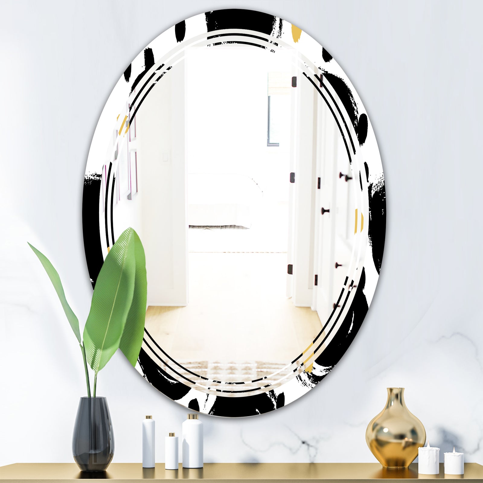 Monochrome Geometric Pattern V - Modern Round or Oval Wall Mirror - Triple C