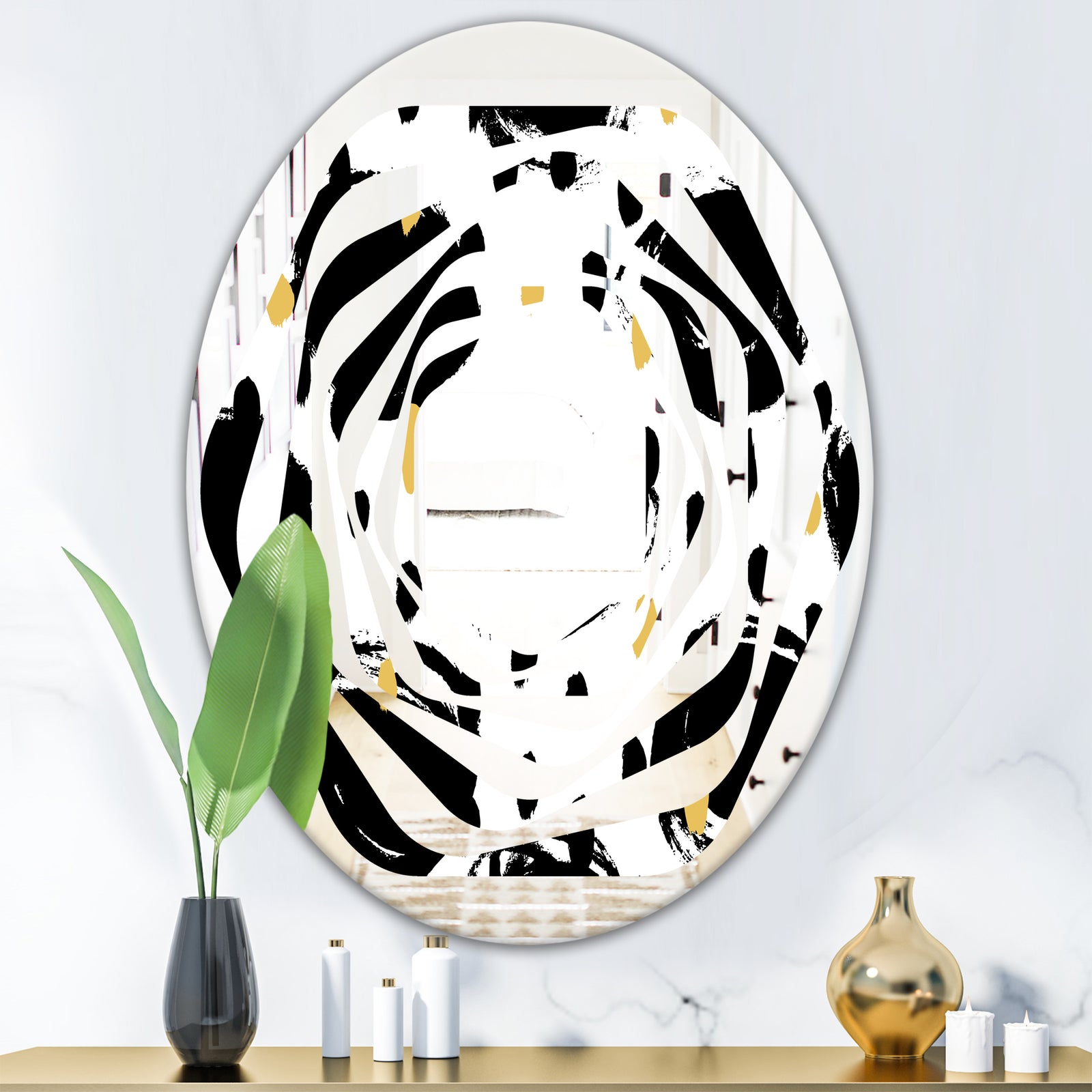 Monochrome Geometric Pattern V - Modern Round or Oval Wall Mirror - Whirl