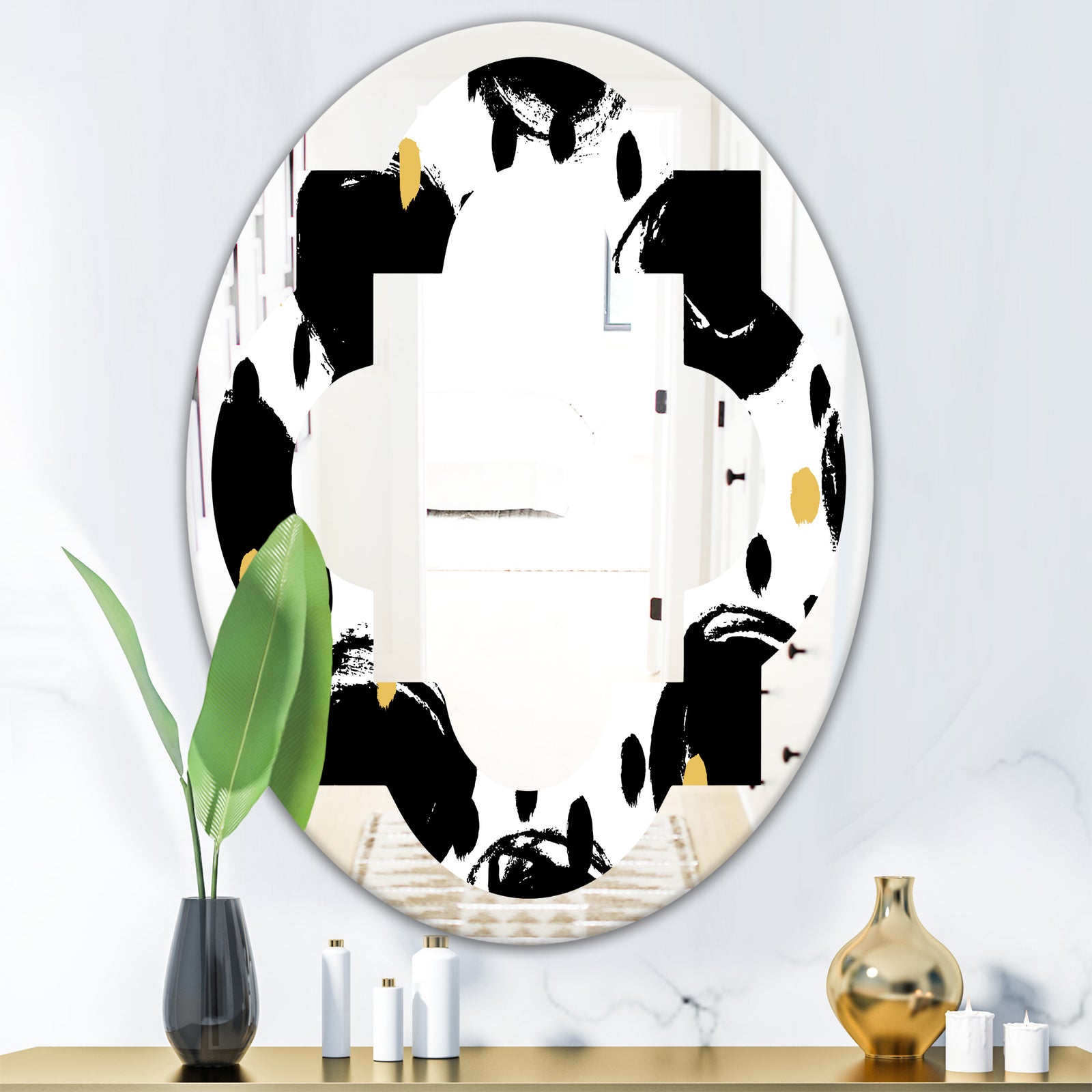 Monochrome Geometric Pattern V - Modern Round or Oval Wall Mirror - Quatrefoil
