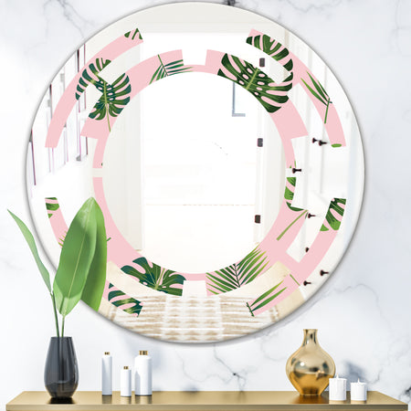 Palm Tropical leaves pattern. - Modern Round or Oval Wall Mirror - Space