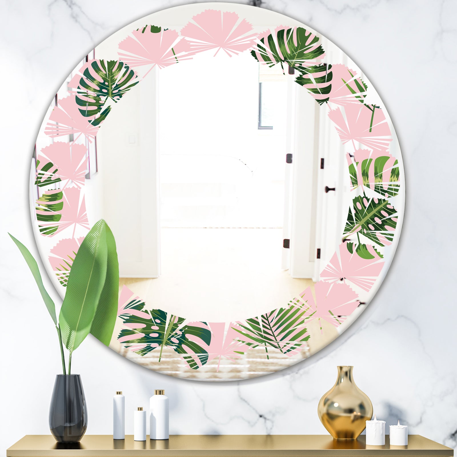 Palm Tropical leaves pattern. - Modern Round or Oval Wall Mirror - Leaves