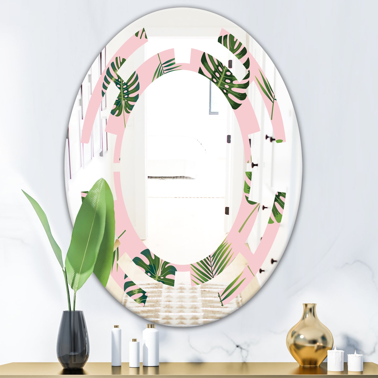 Palm Tropical leaves pattern. - Modern Round or Oval Wall Mirror - Space