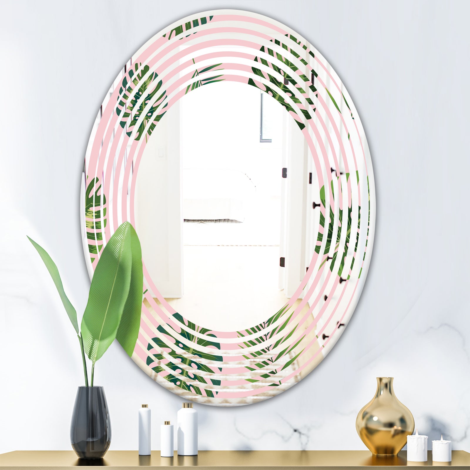 Palm Tropical leaves pattern. - Modern Round or Oval Wall Mirror - Wave
