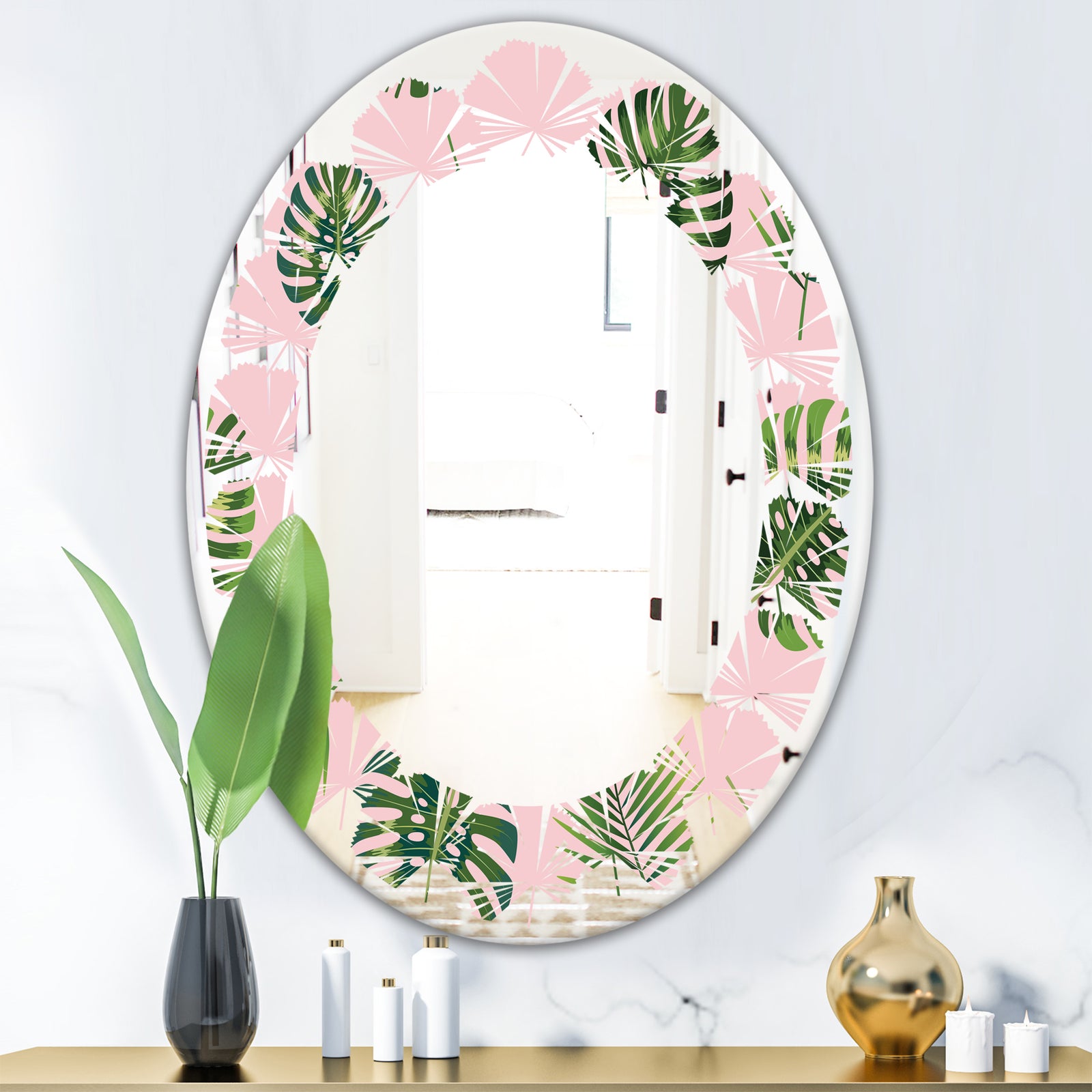 Palm Tropical leaves pattern. - Modern Round or Oval Wall Mirror - Leaves