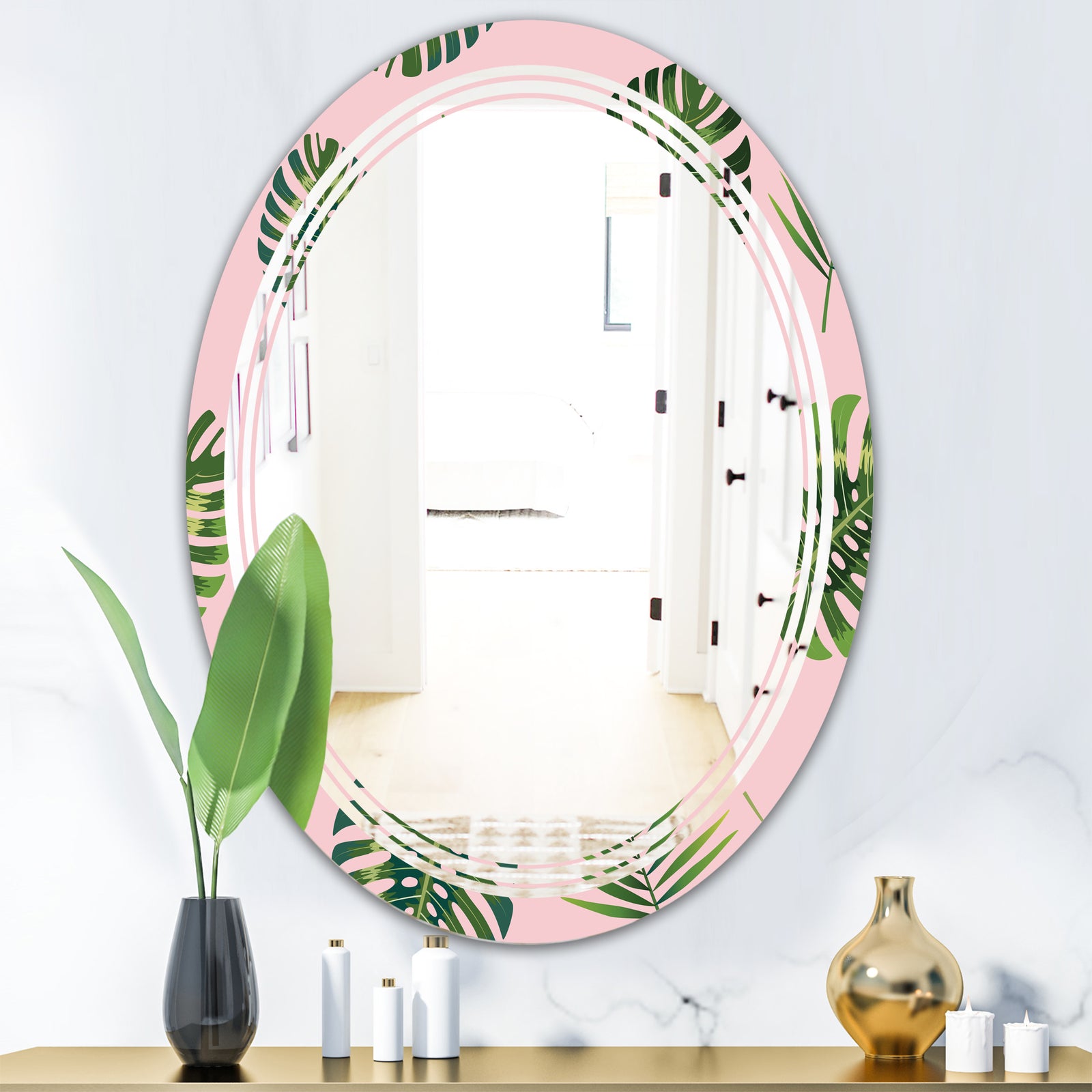 Palm Tropical leaves pattern. - Modern Round or Oval Wall Mirror - Triple C