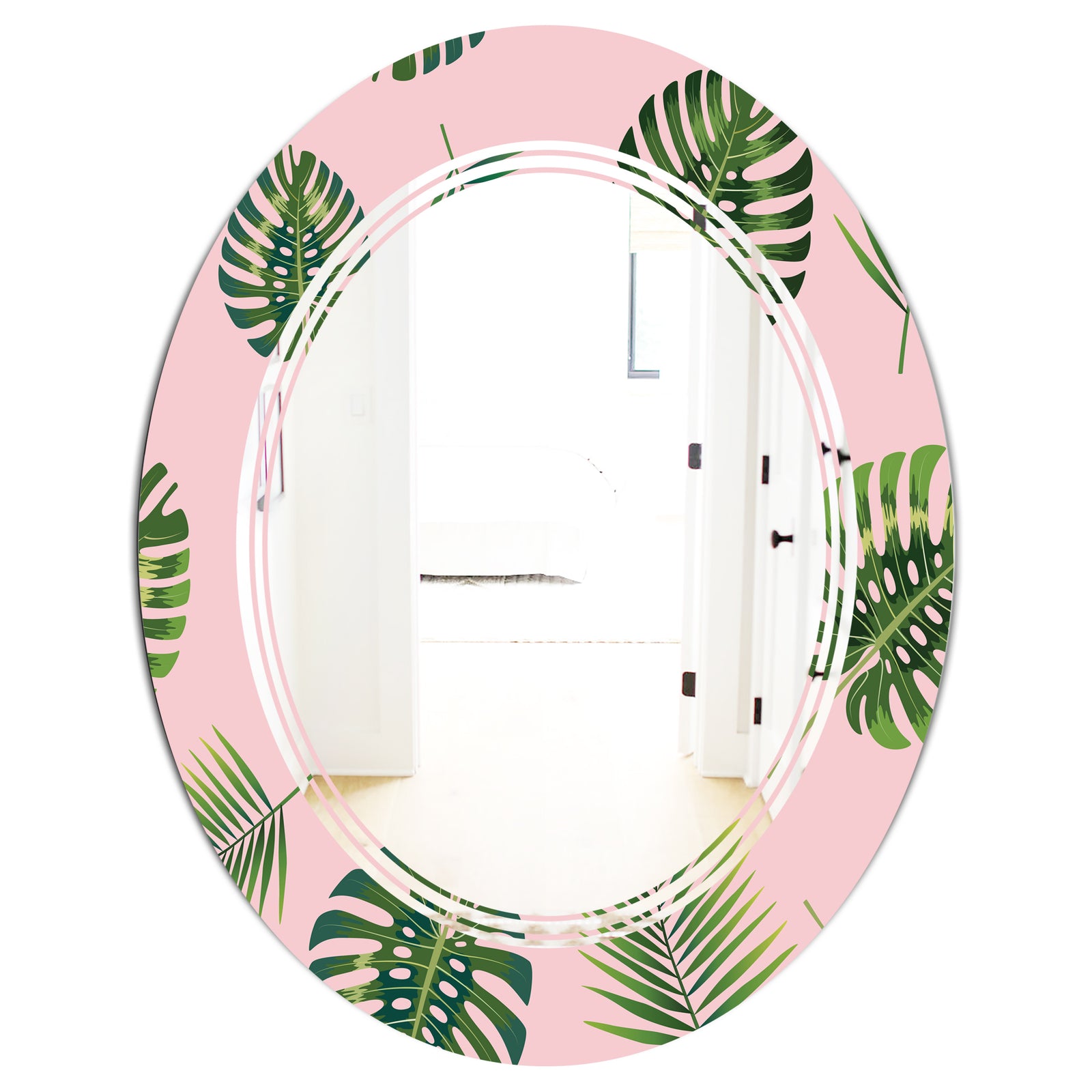Palm Tropical leaves pattern. - Modern Round or Oval Wall Mirror - Triple C