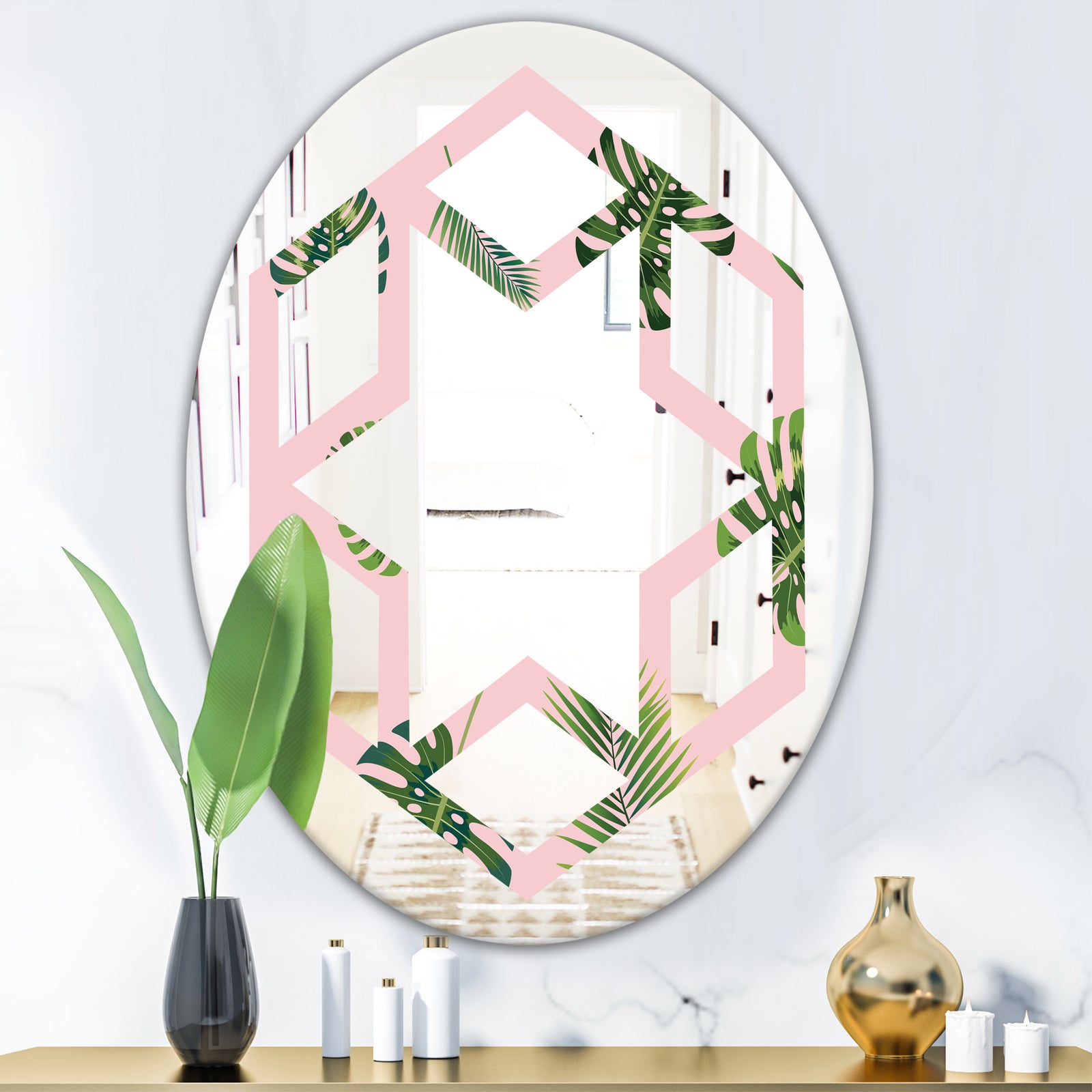 Palm Tropical leaves pattern. - Modern Round or Oval Wall Mirror - Hexagon Star