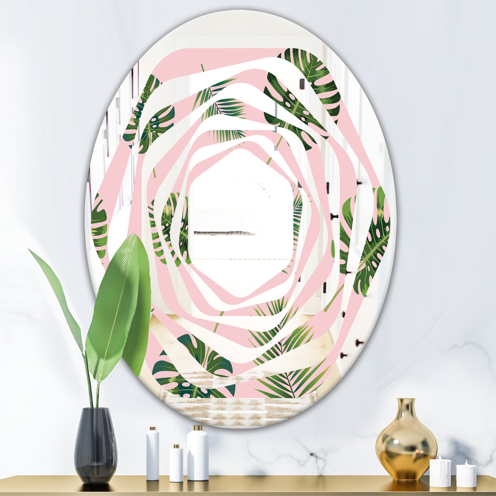 Palm Tropical leaves pattern. - Modern Round or Oval Wall Mirror - Whirl