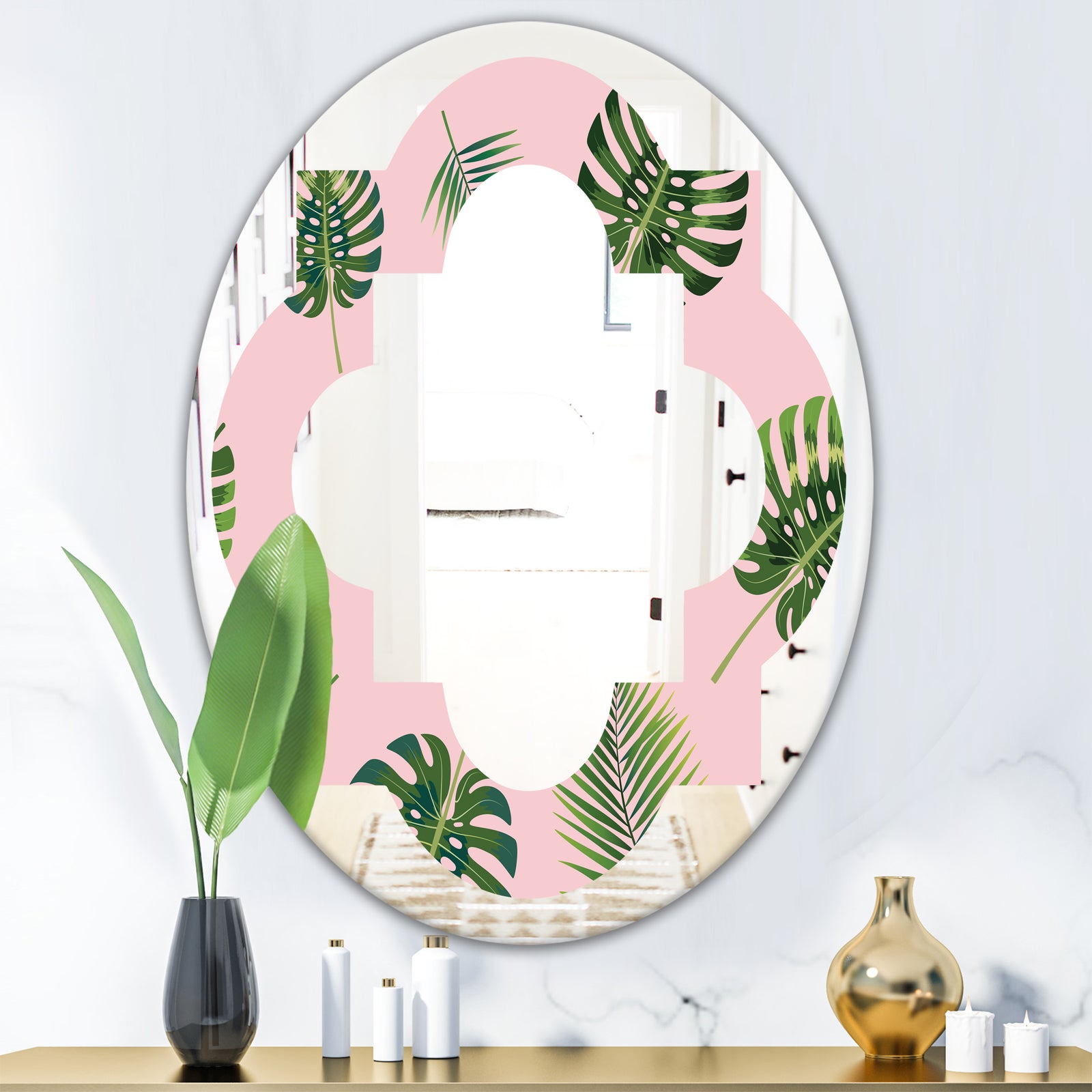 Palm Tropical leaves pattern. - Modern Round or Oval Wall Mirror - Quatrefoil