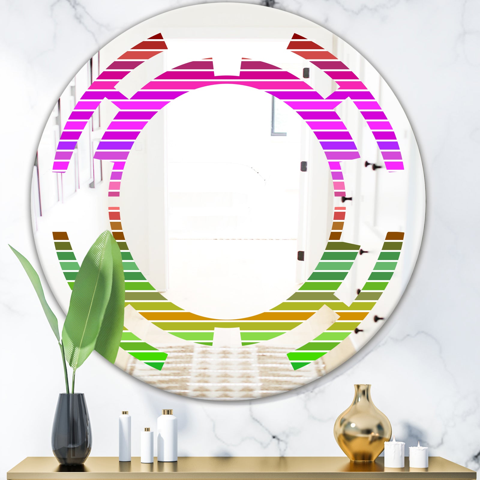 Horizontal Retro Geometrical Pattern II - Modern Round or Oval Wall Mirror - Space
