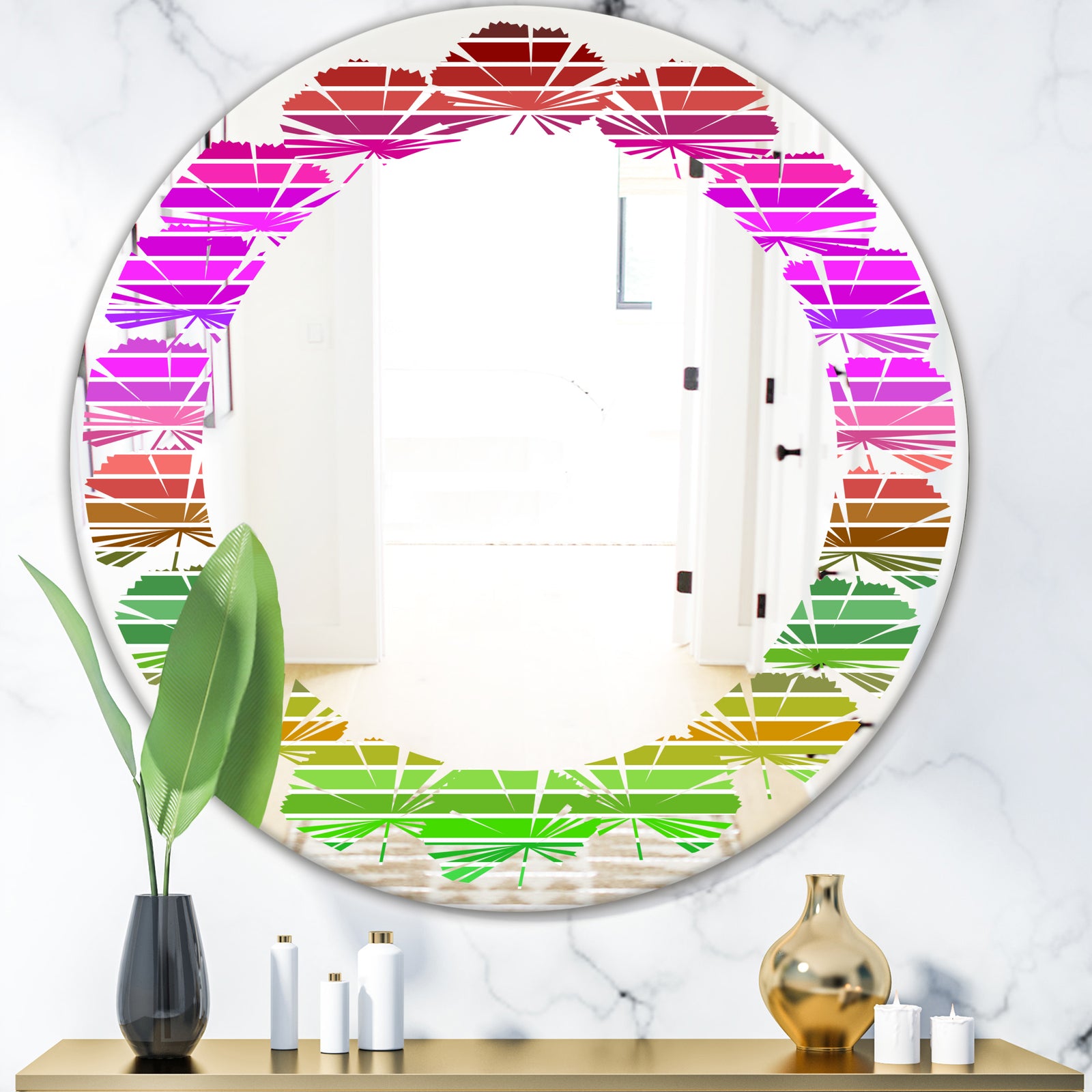 Horizontal Retro Geometrical Pattern II - Modern Round or Oval Wall Mirror - Leaves