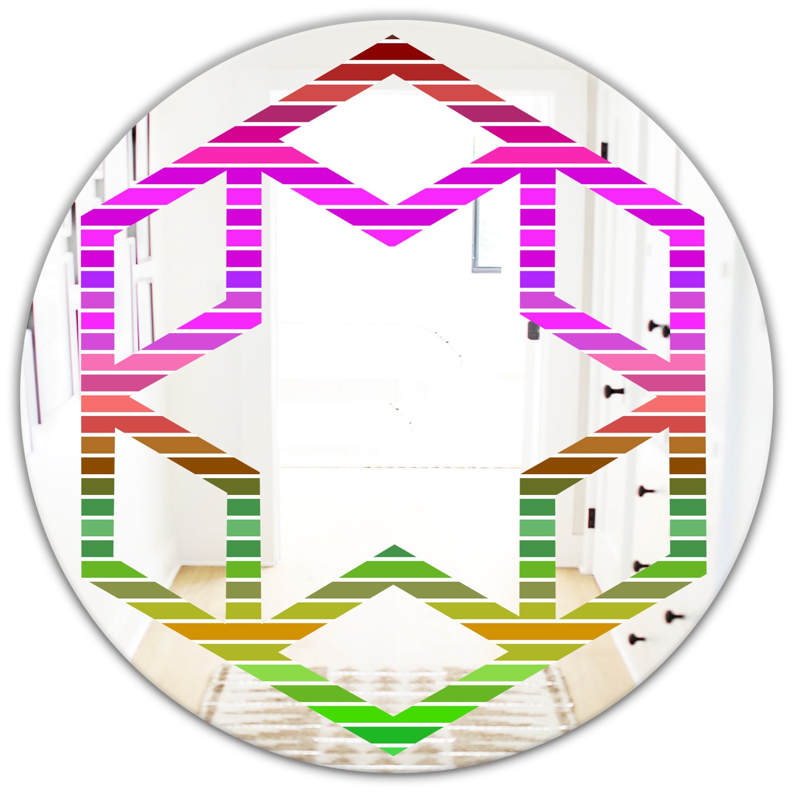 Horizontal Retro Geometrical Pattern II - Modern Round or Oval Wall Mirror - Hexagon Star