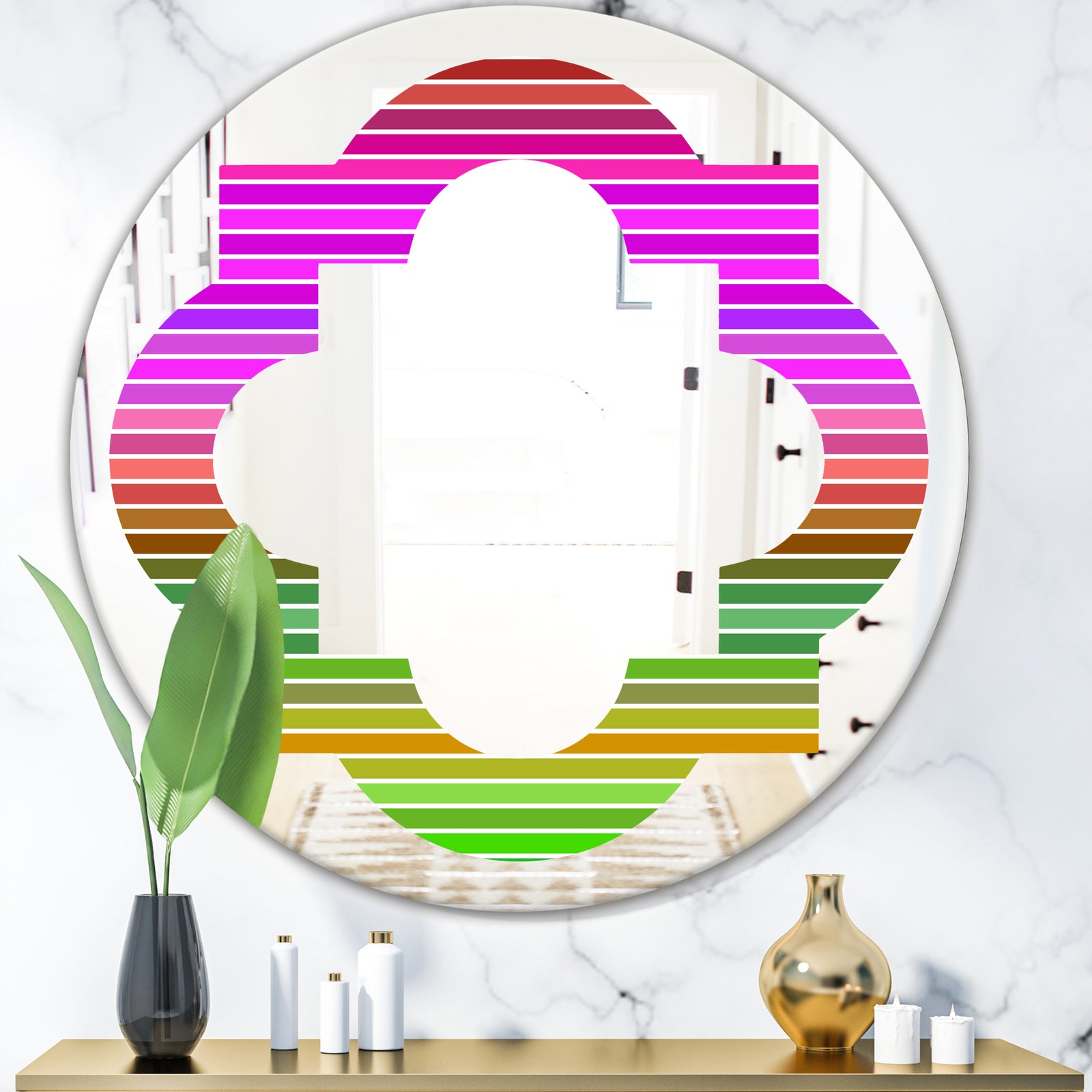 Horizontal Retro Geometrical Pattern II - Modern Round or Oval Wall Mirror - Quatrefoil