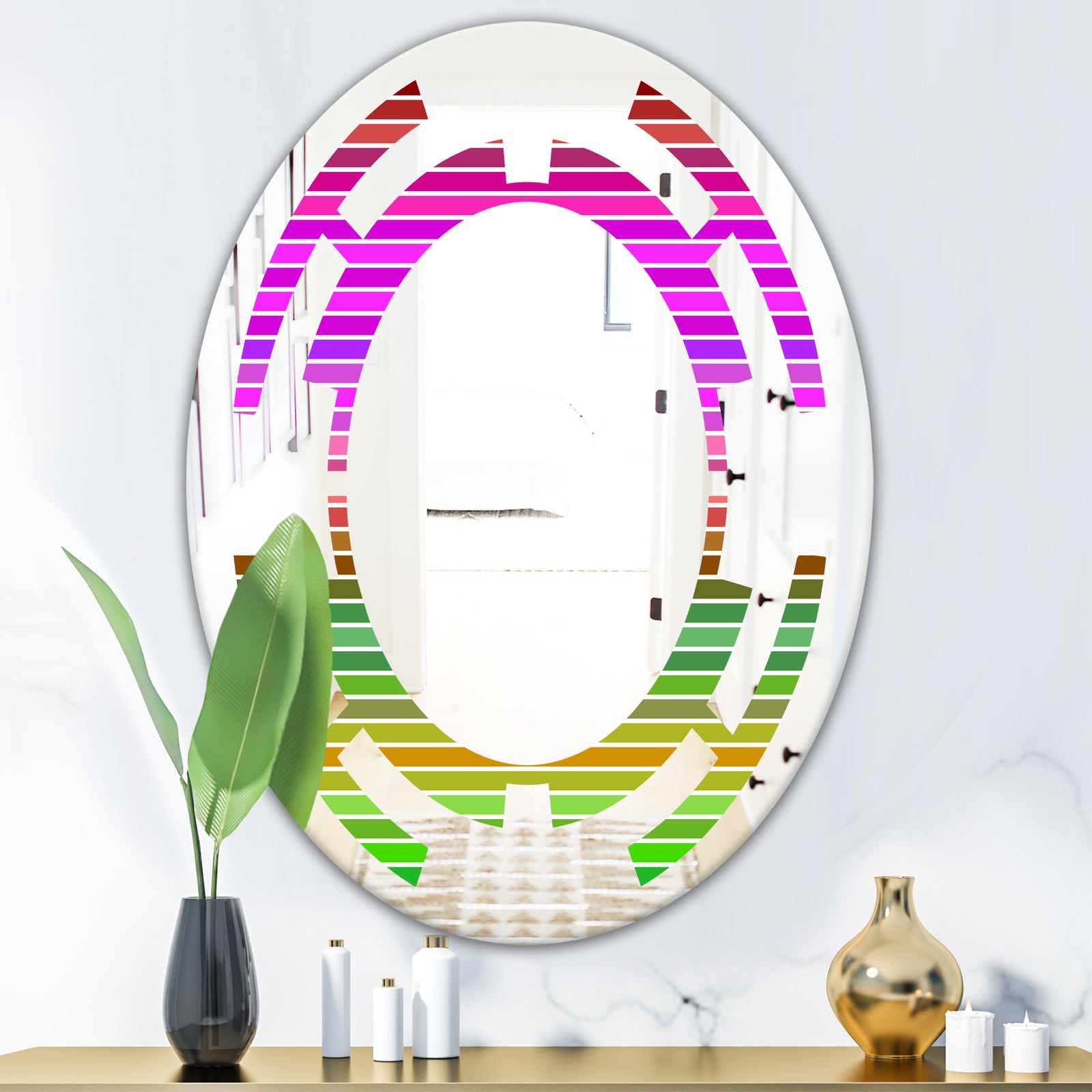 Horizontal Retro Geometrical Pattern II - Modern Round or Oval Wall Mirror - Space