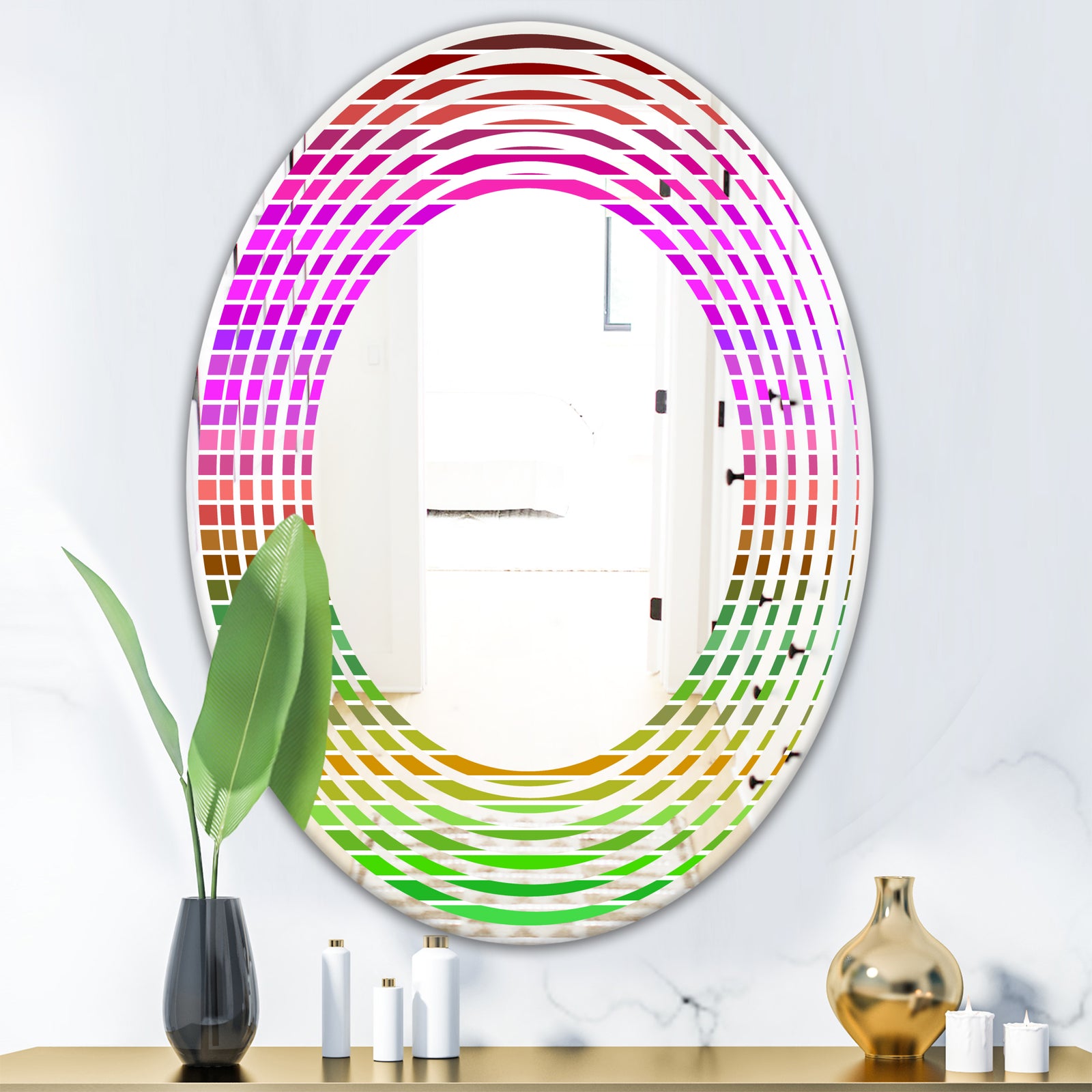 Horizontal Retro Geometrical Pattern II - Modern Round or Oval Wall Mirror - Wave