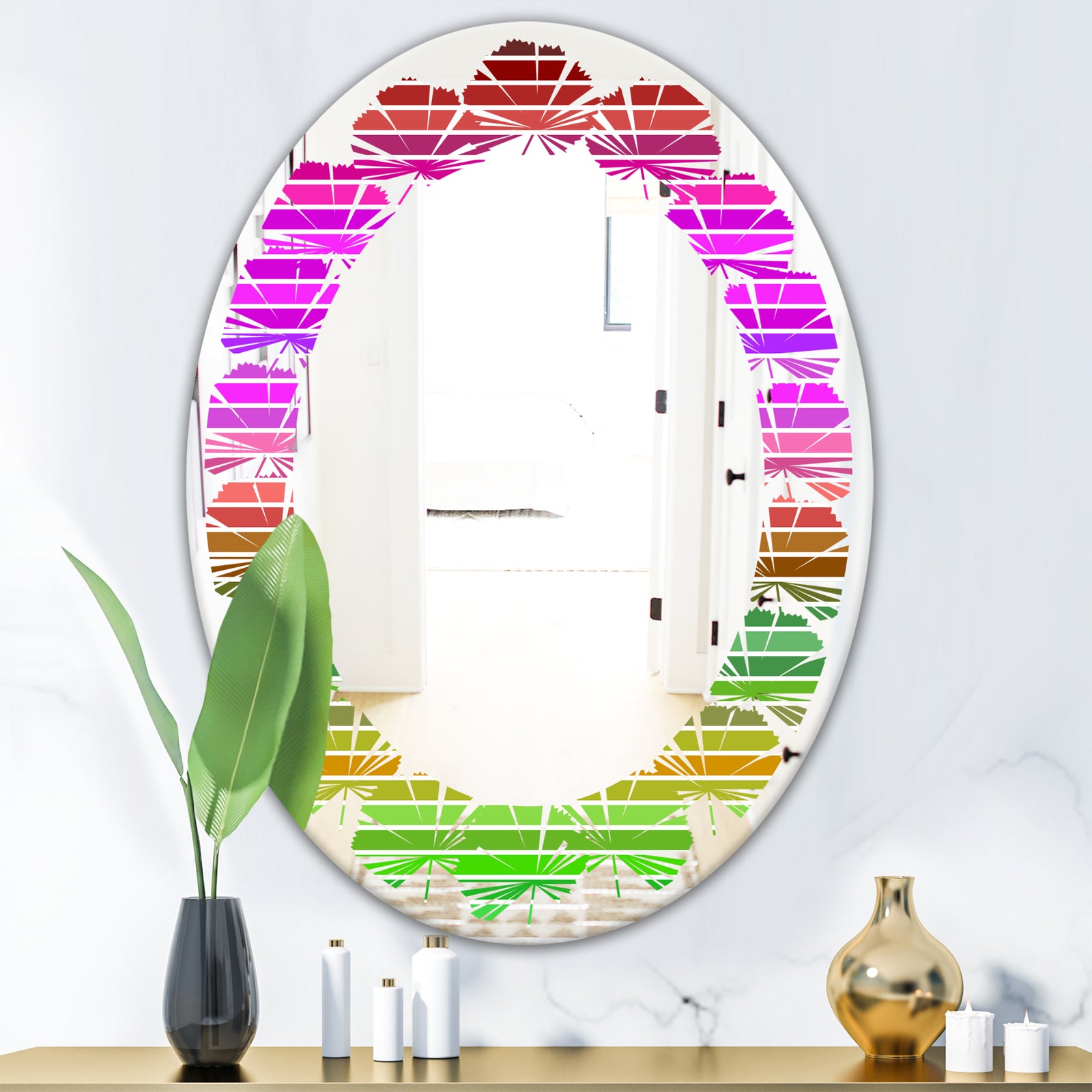 Horizontal Retro Geometrical Pattern II - Modern Round or Oval Wall Mirror - Leaves