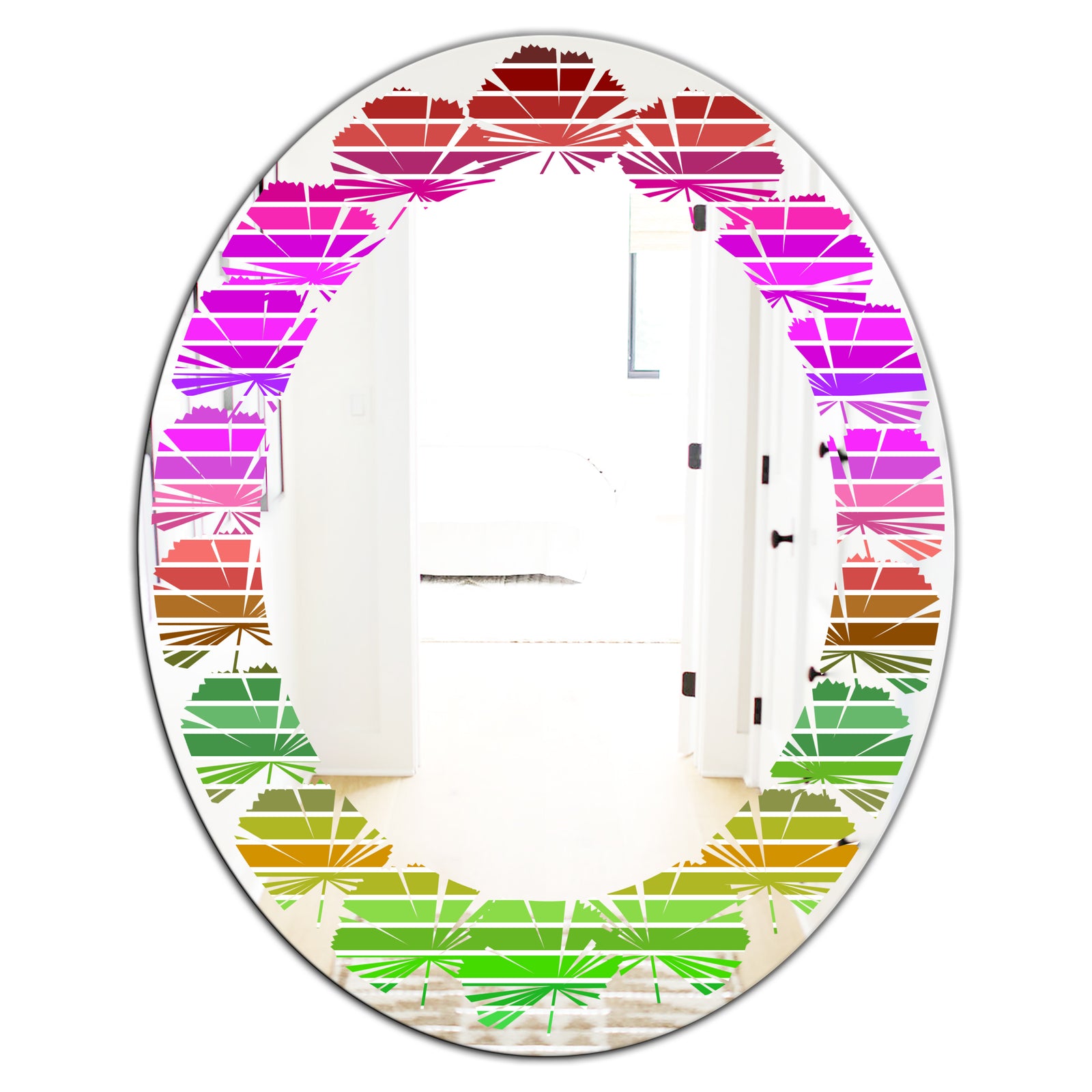 Horizontal Retro Geometrical Pattern II - Modern Round or Oval Wall Mirror - Leaves