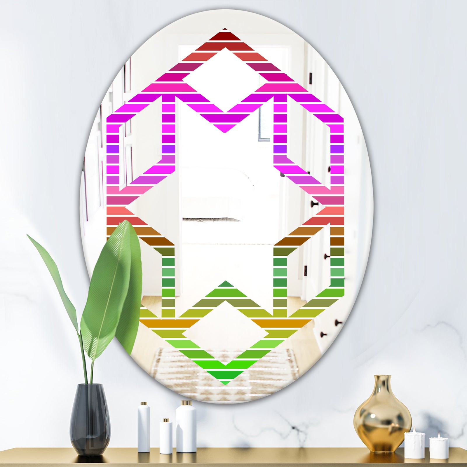Horizontal Retro Geometrical Pattern II - Modern Round or Oval Wall Mirror - Hexagon Star