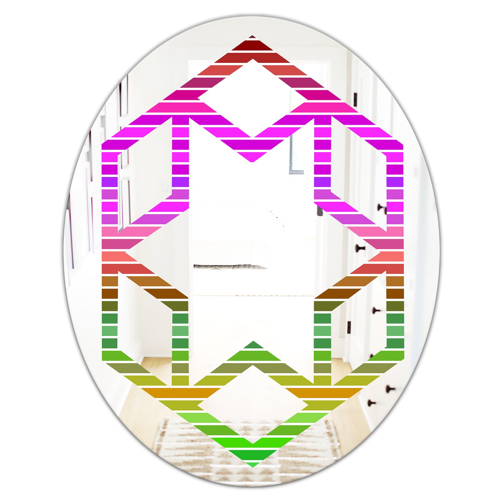 Horizontal Retro Geometrical Pattern II - Modern Round or Oval Wall Mirror - Hexagon Star