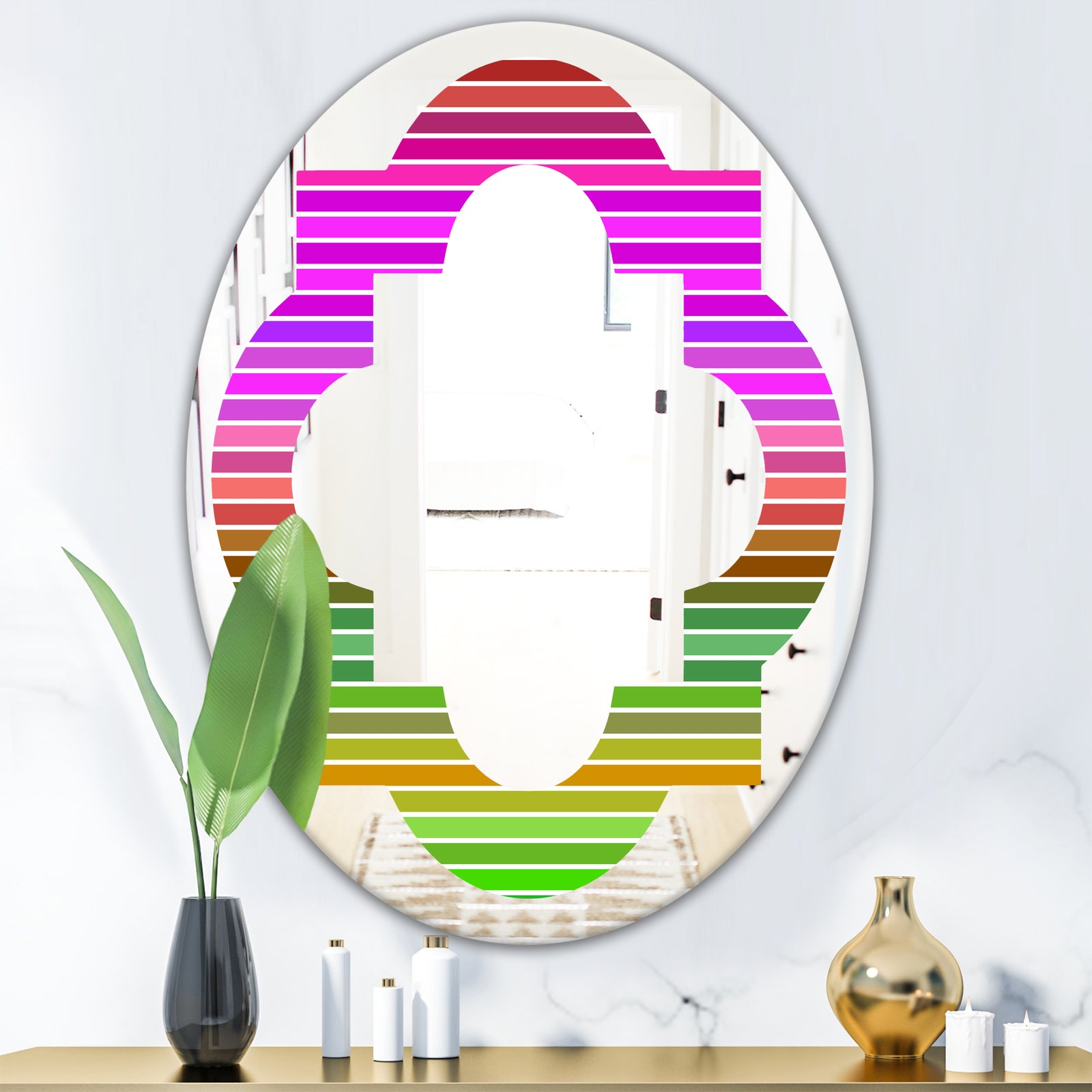 Horizontal Retro Geometrical Pattern II - Modern Round or Oval Wall Mirror - Quatrefoil