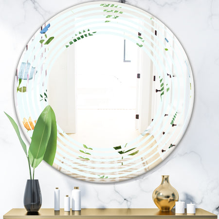 Retro Floral Pattern IX - Modern Round or Oval Wall Mirror - Wave