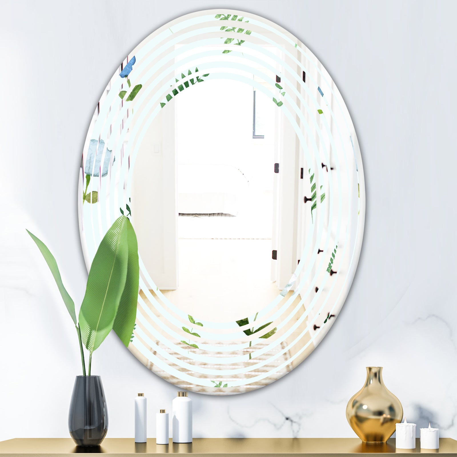 Retro Floral Pattern IX - Modern Round or Oval Wall Mirror - Wave